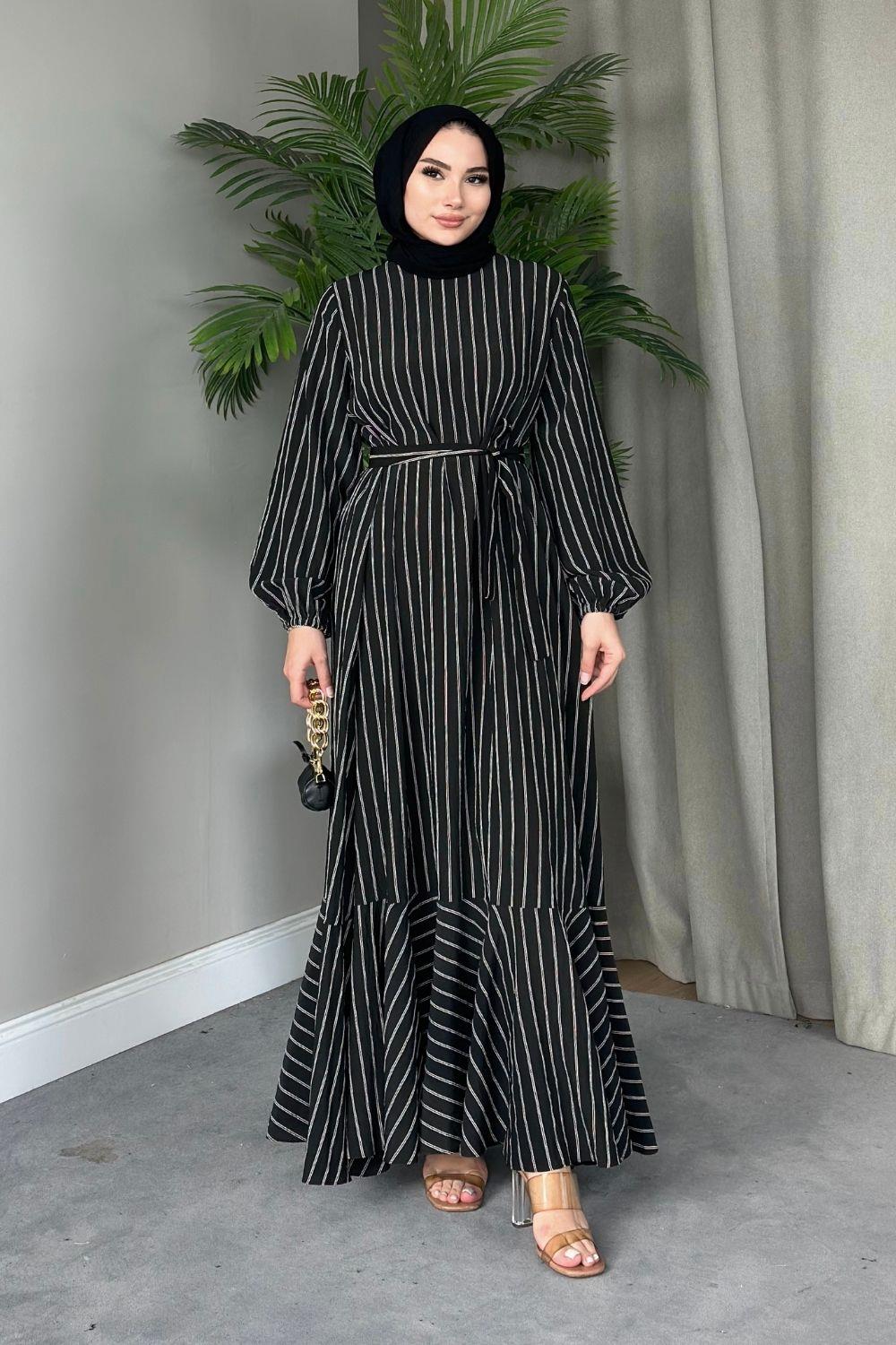 Çizgili Elbise Siyah 5096 