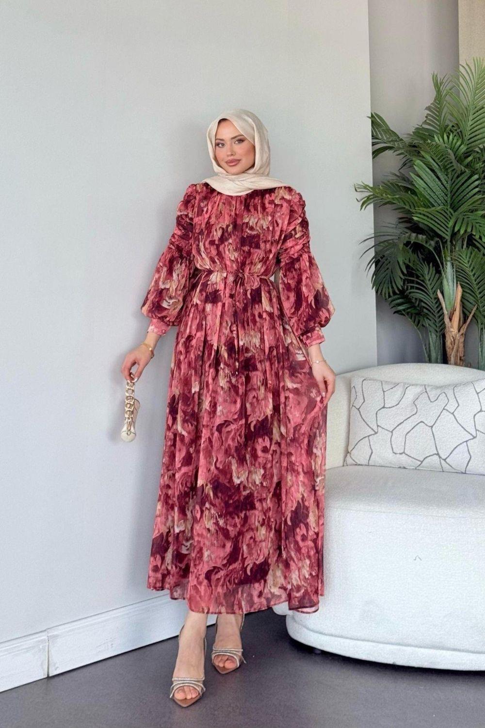 Aheste Desenli Elbise Bordo 50980 