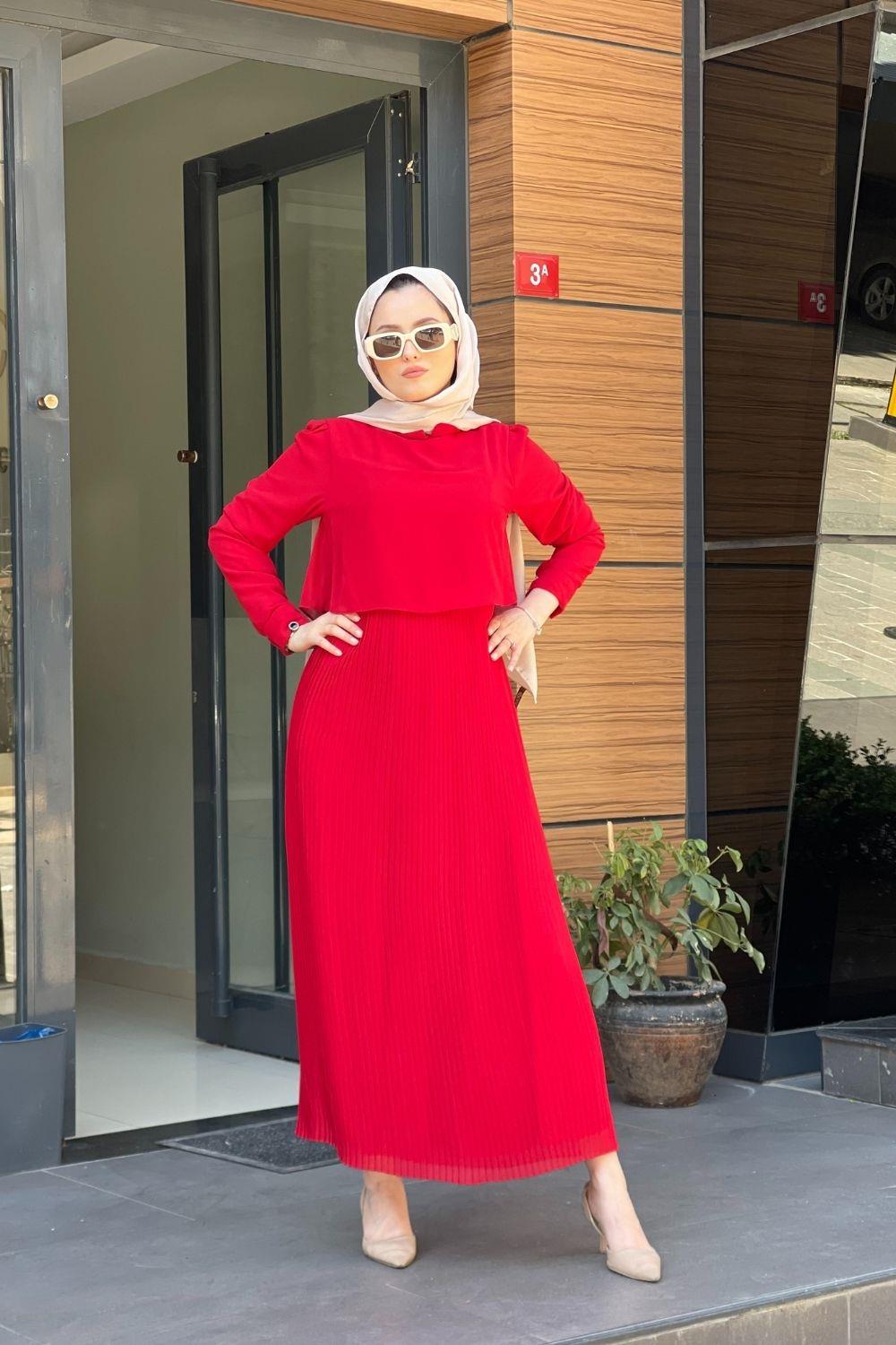 Üstü Dökümlü Altı Pileli Elbise Kırmızı 5130 