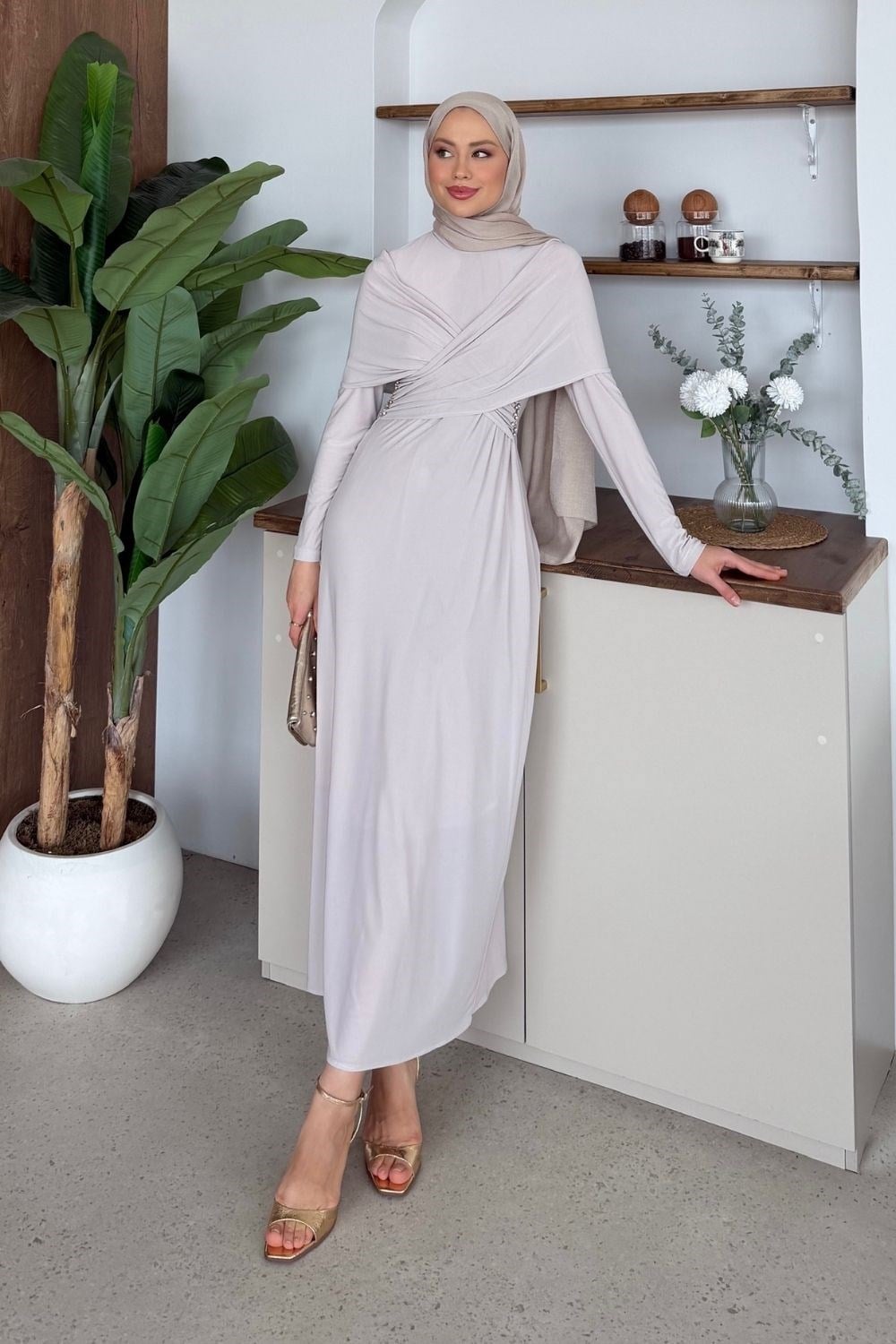 Hanzade Taşlı Sandy Elbise Bej 5133 