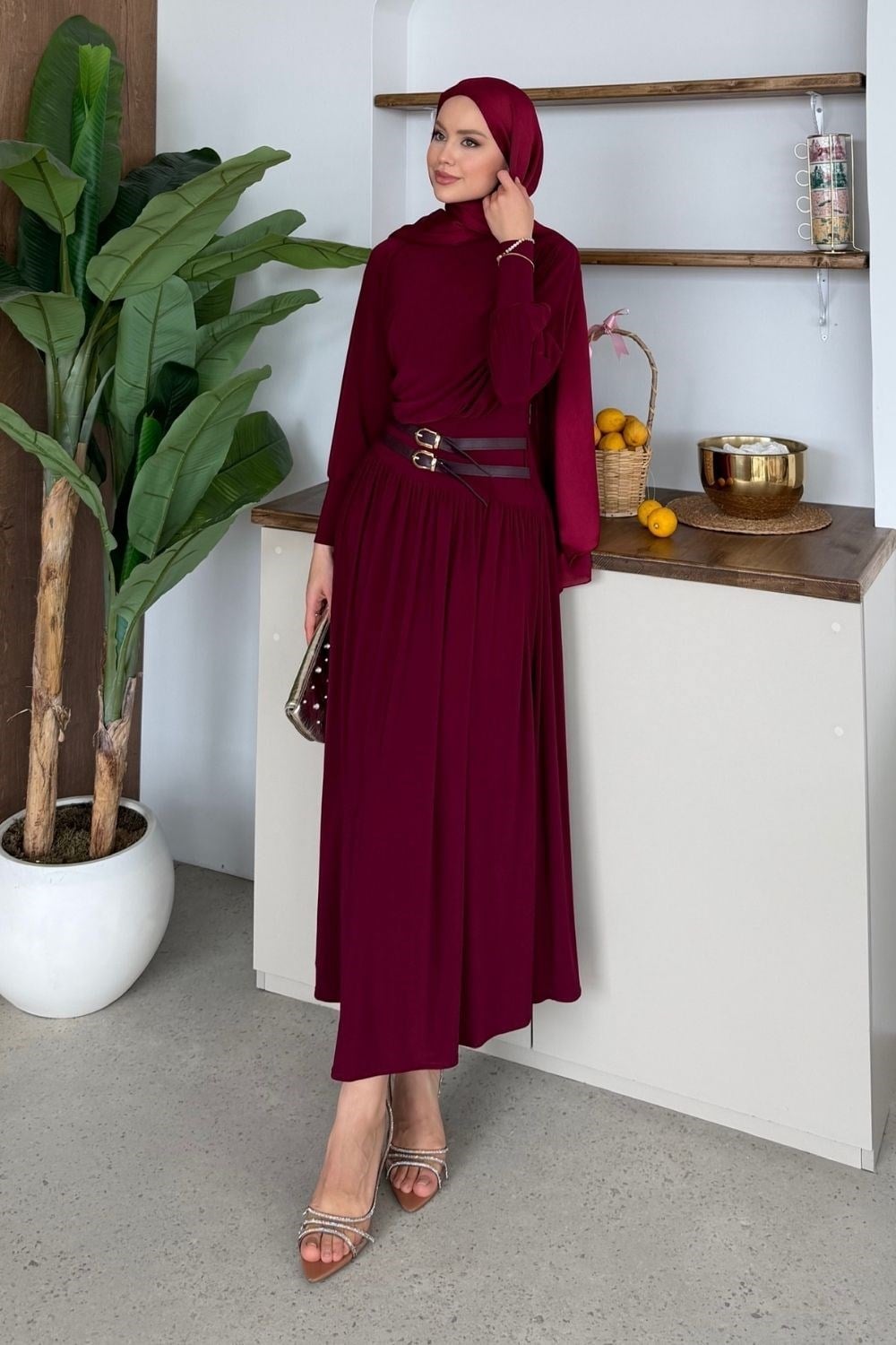 Çift Kemerli Elbise Bordo 5150 