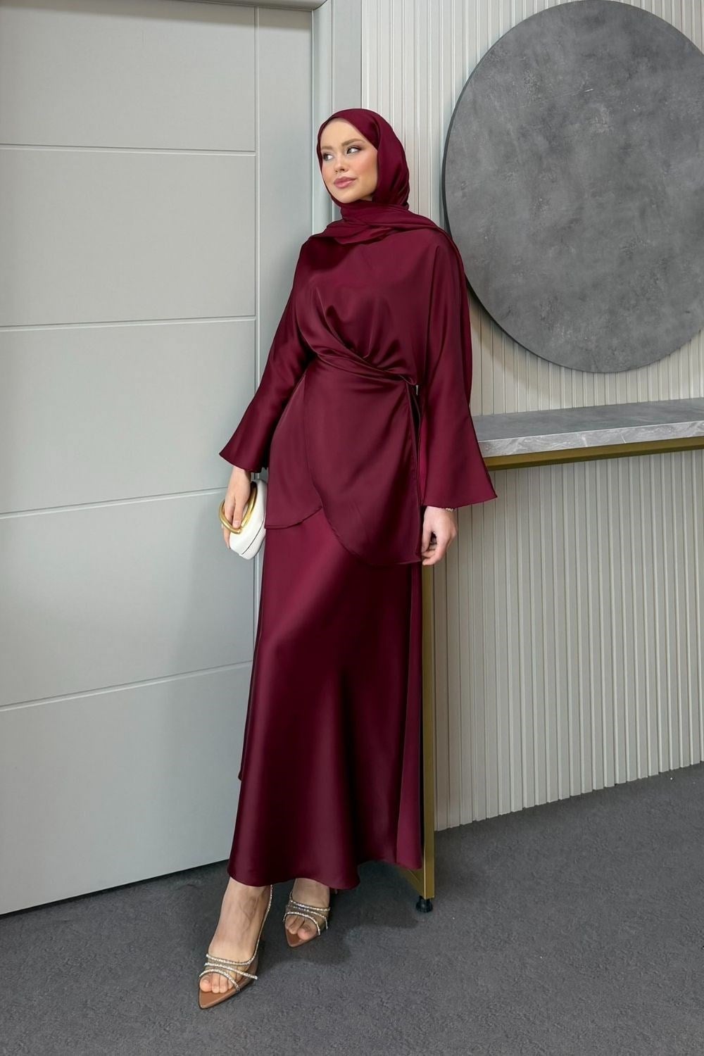 Olga Saten Etekli Takım Bordo 5161 
