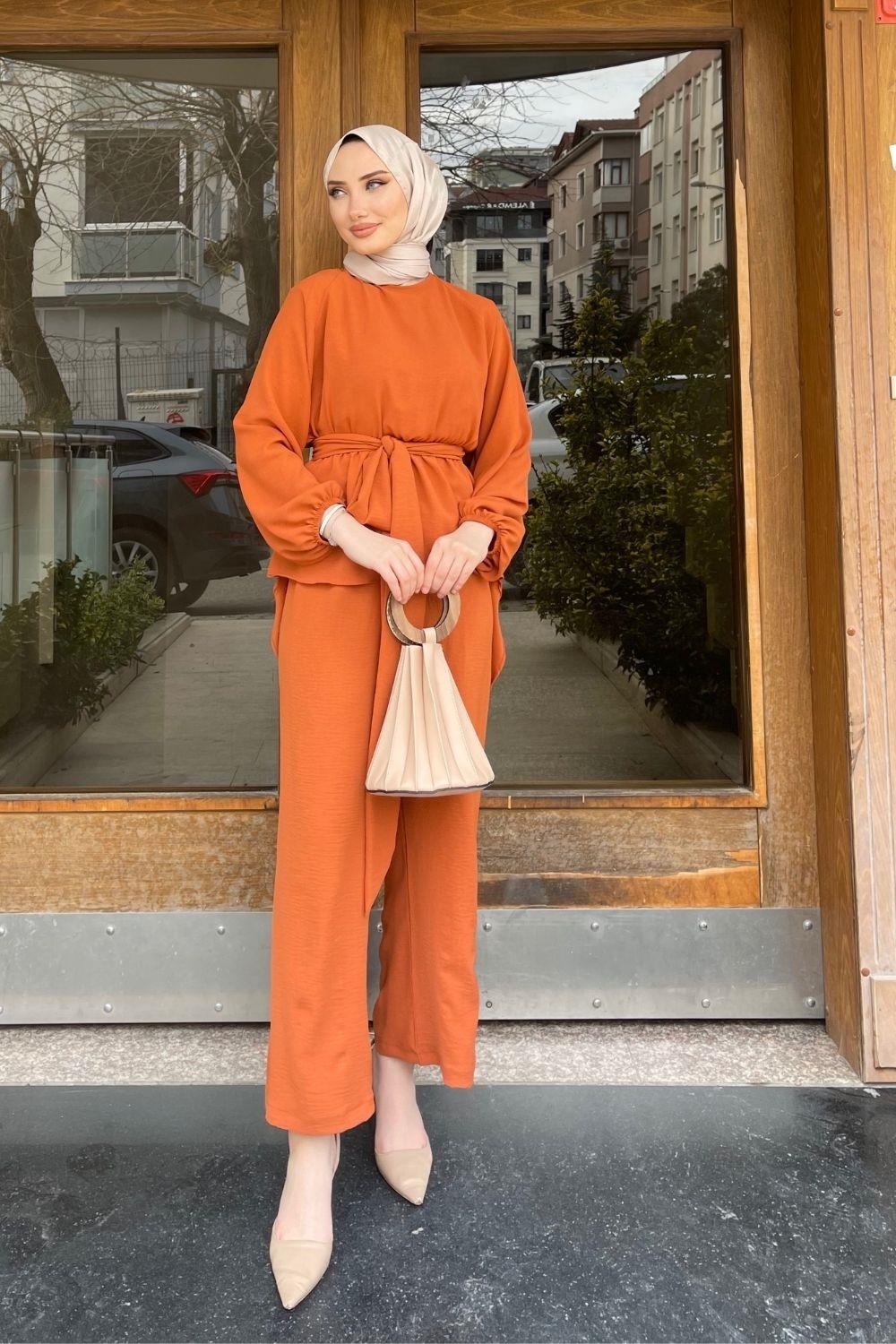 Kuşaklı Ayrobin Pantolonlu Takım Kiremit 5523 