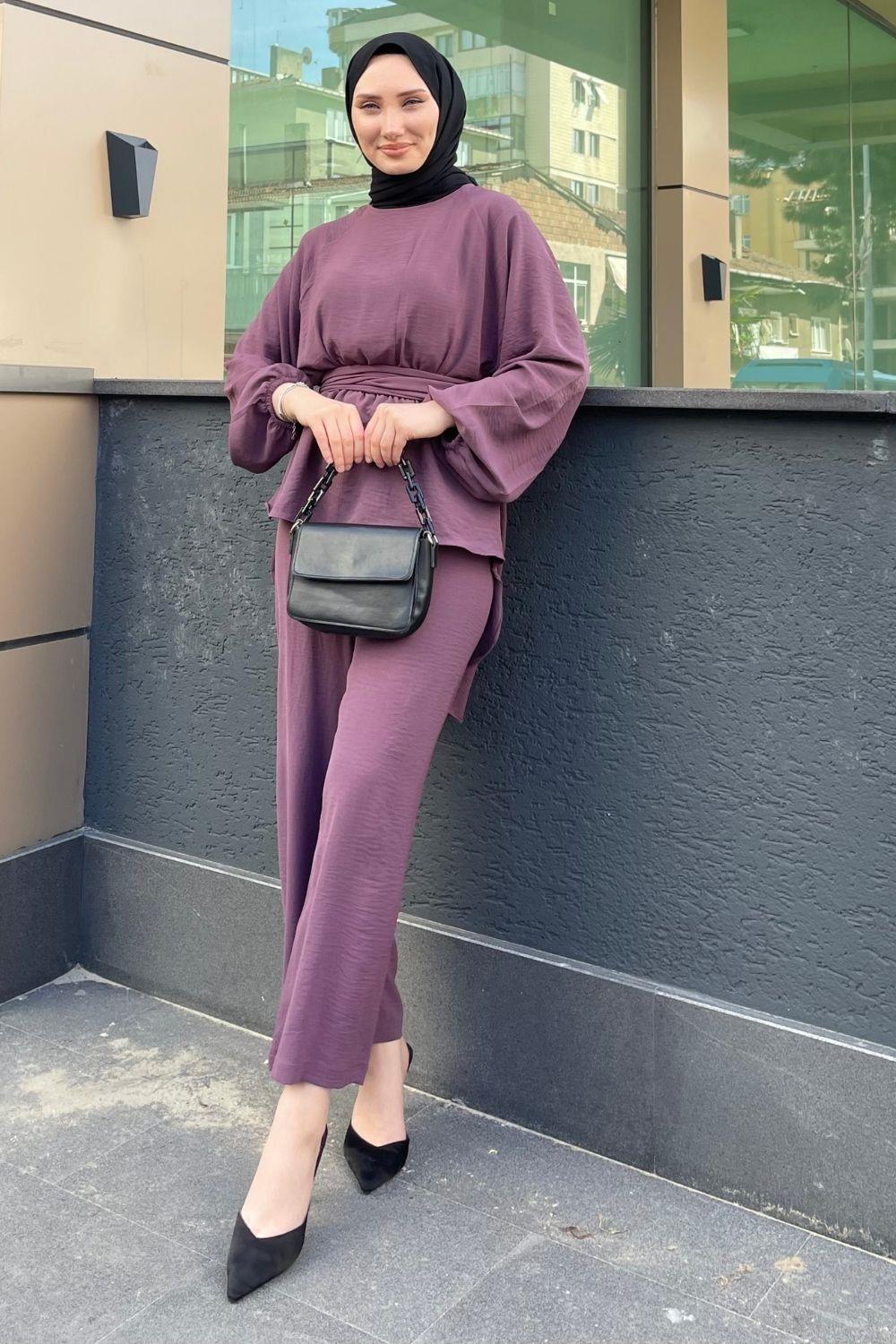 Kuşaklı Ayrobin Pantolonlu Takım Mürdüm 5523 