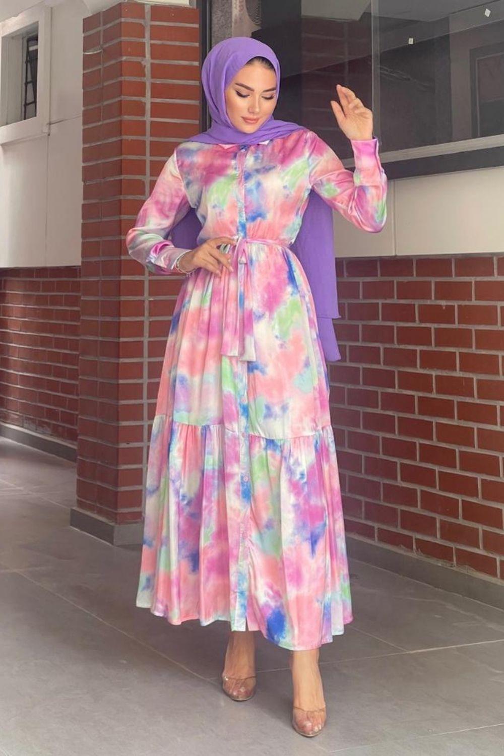 Saten desenli Elbise Lila 5544 