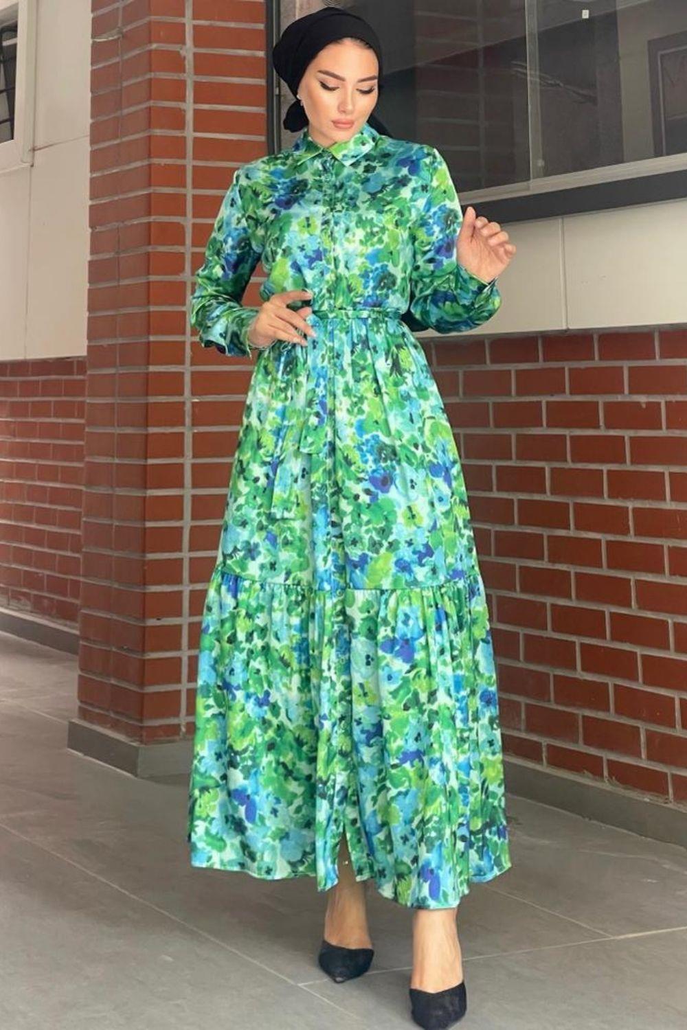 Saten desenli Elbise Yeşil 5544 