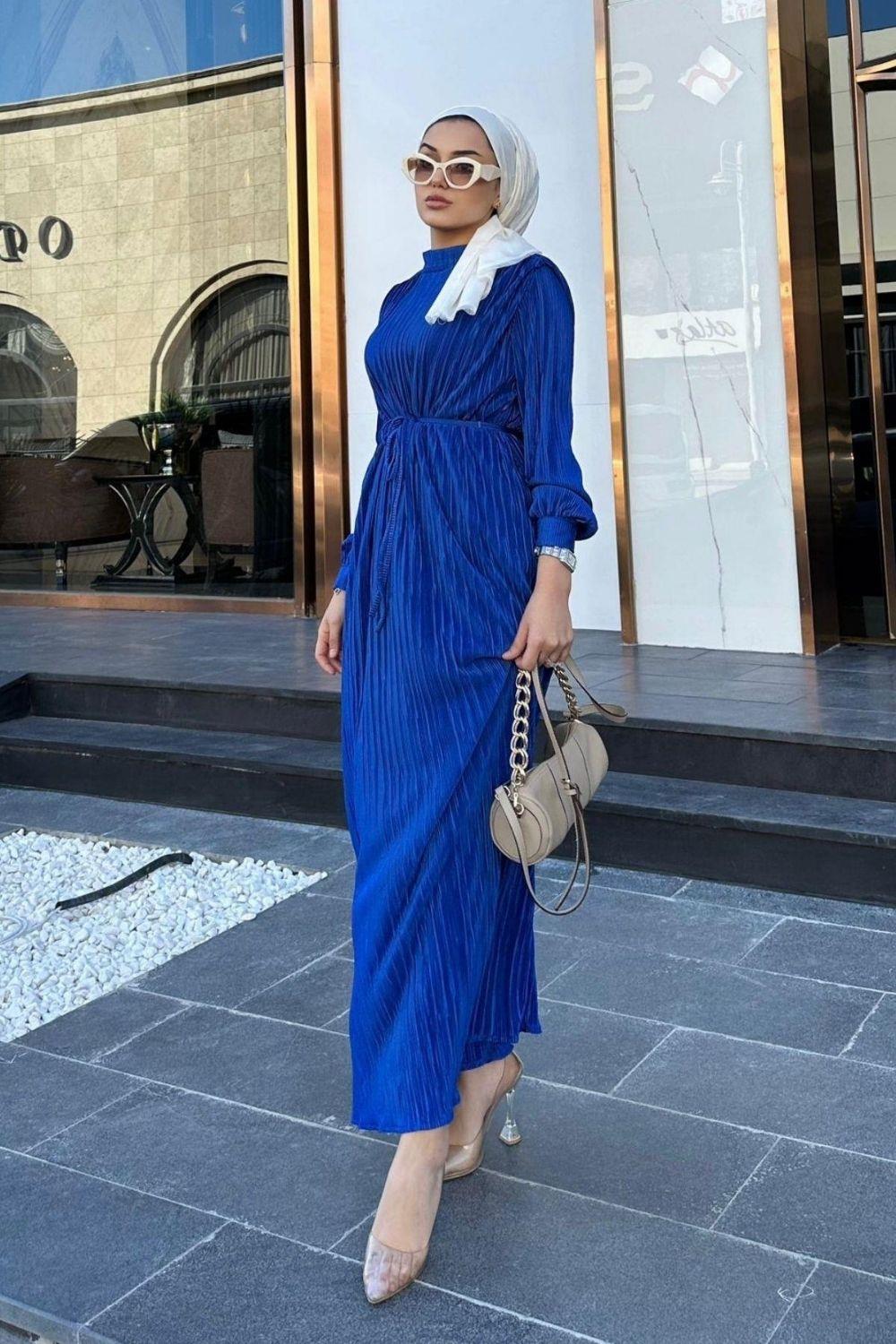 Boydan Piliseli Taşlı Kemerli Elbise Saks 5588 