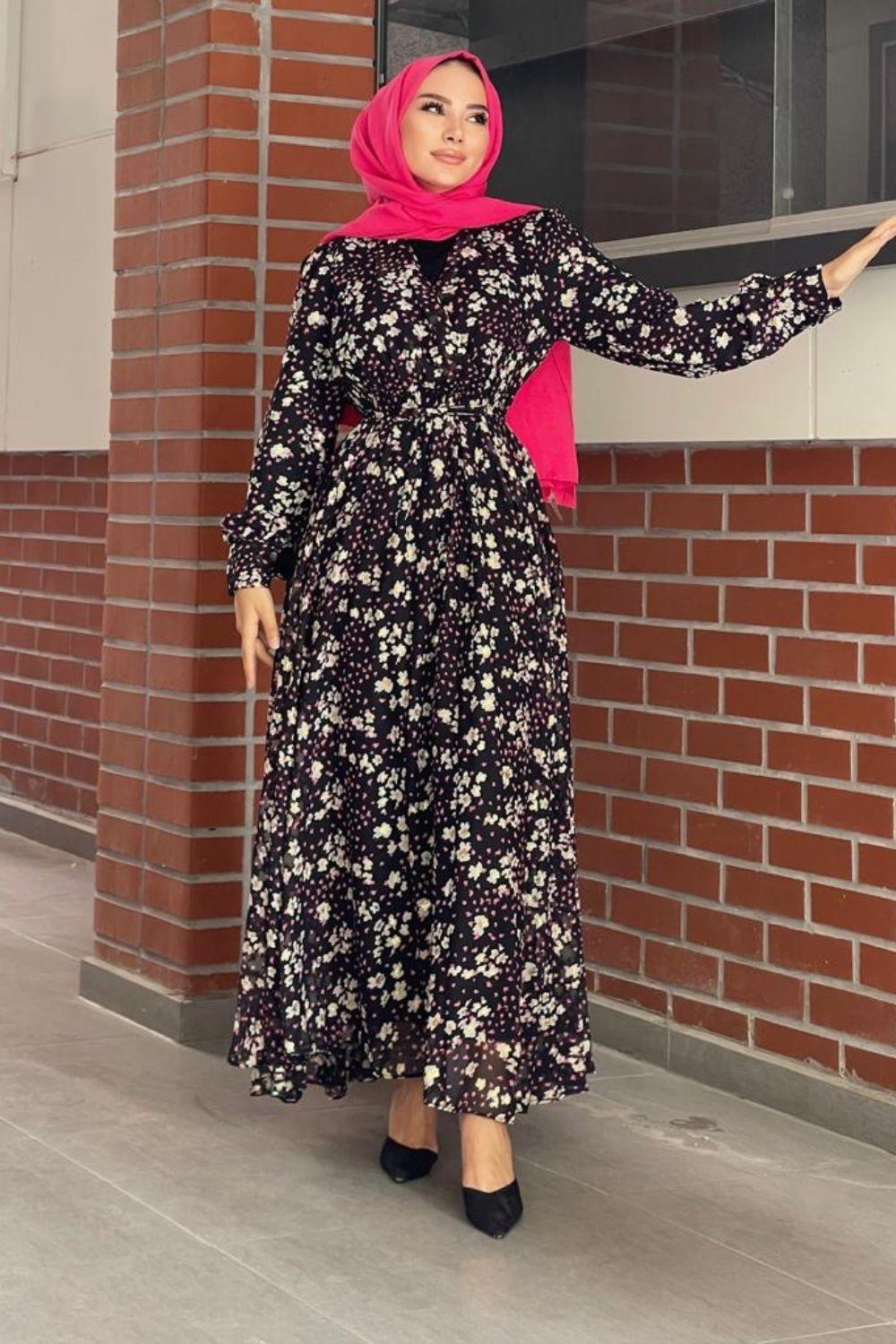 Çiçek Desenli Şifon Elbise Pembe 5589 