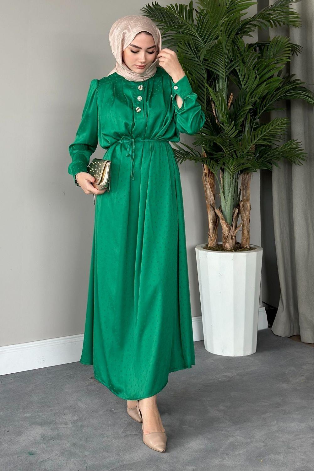 Önden Düğmeli Elbise Yeşil 5615 