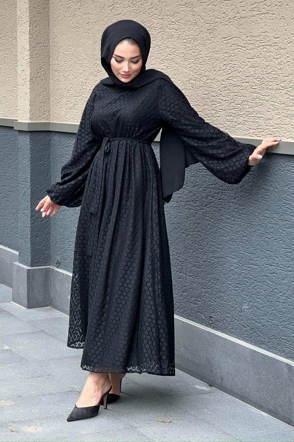 Güpür Detaylı Elbise Siyah 5641 