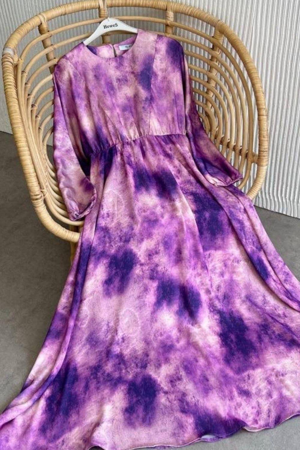 Fırça Desen Elbise Mor 5676 