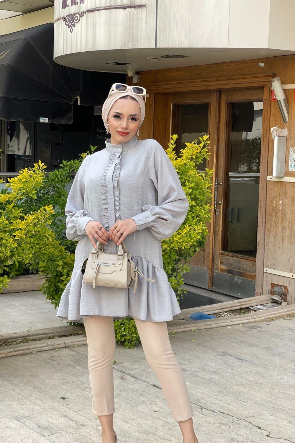 Fırfırlı  Gizli Düğmeli Tunik Gri 5898 