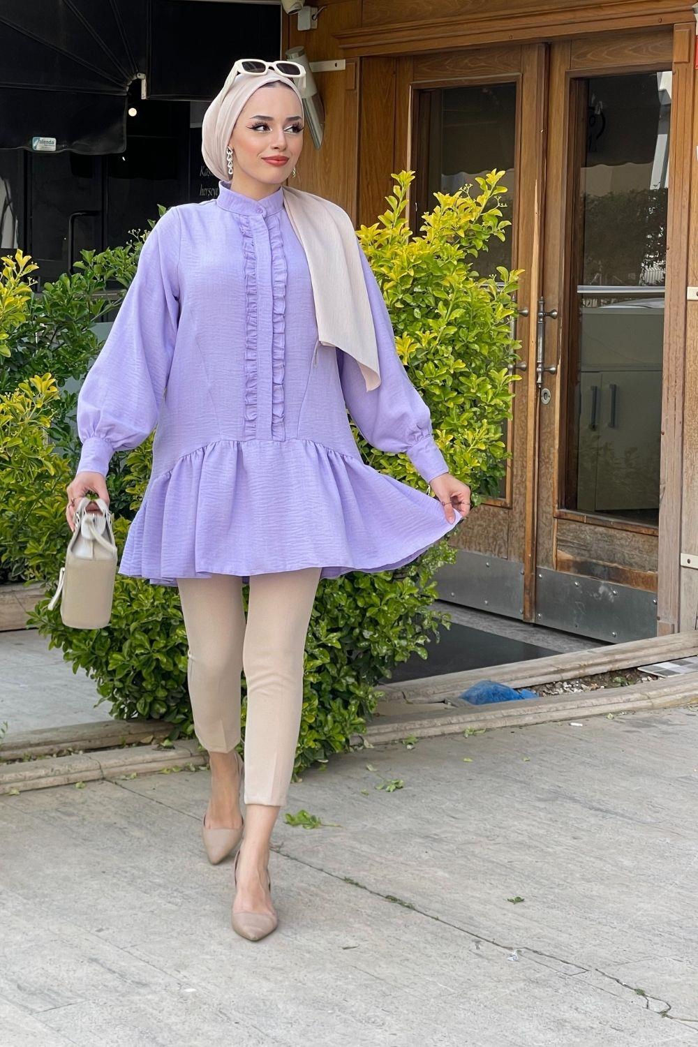 Fırfırlı  Gizli Düğmeli Tunik Lila 5898 