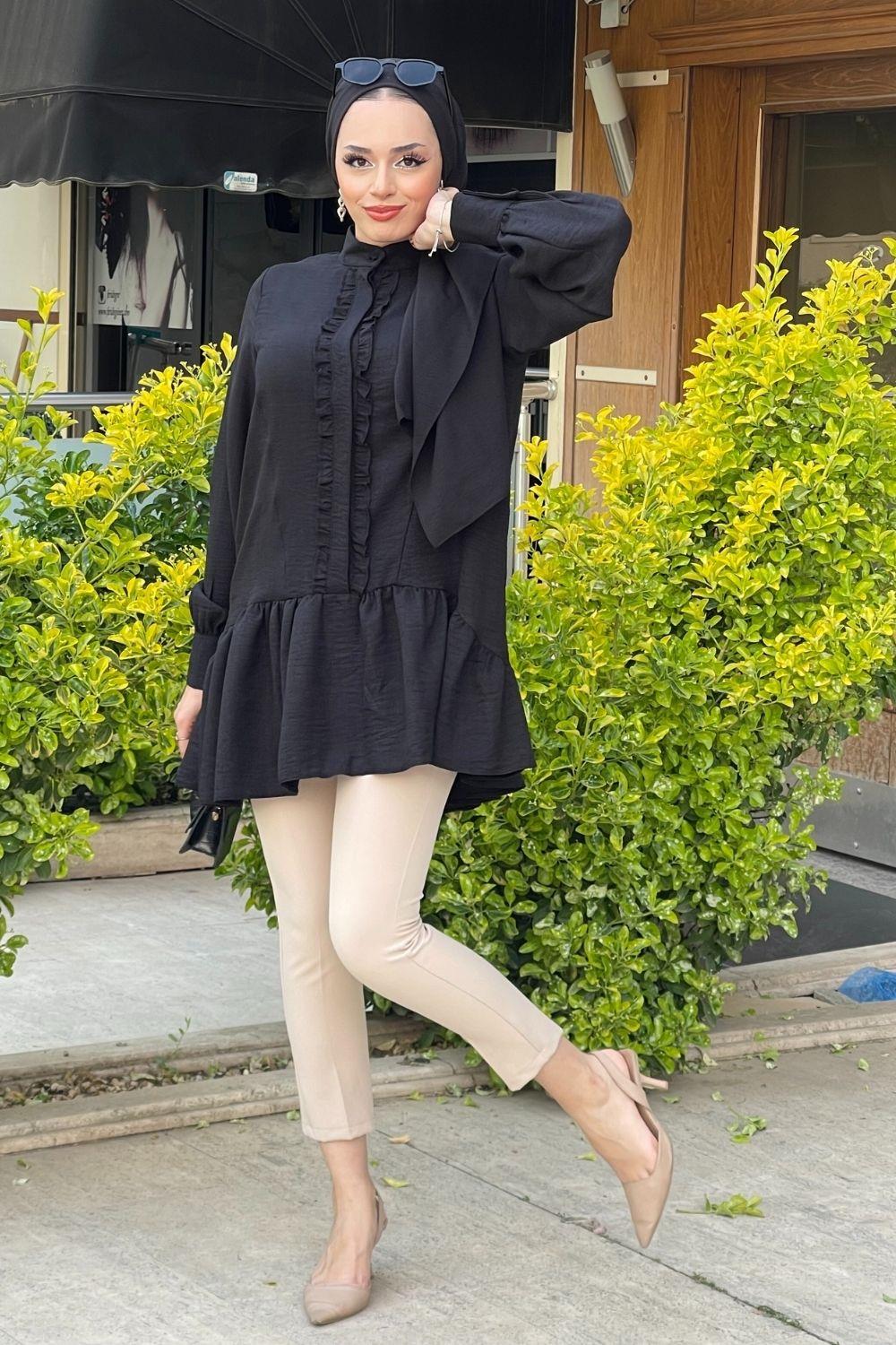 Fırfırlı  Gizli Düğmeli Tunik Siyah 5898 