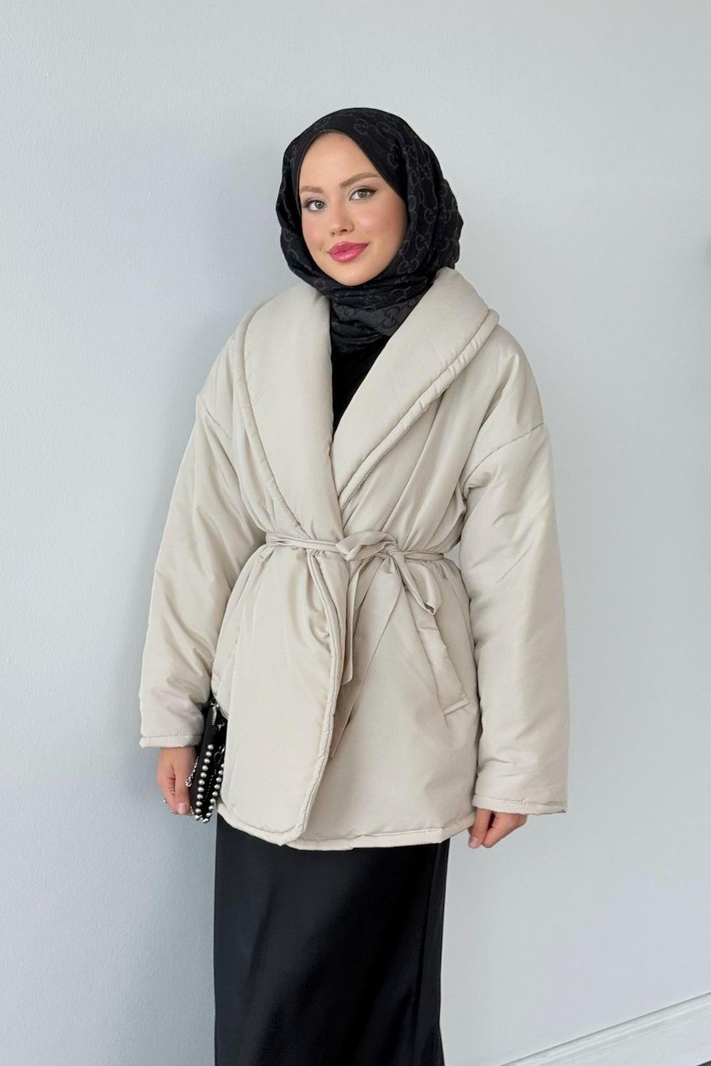 Düz Kuşaklı Şişme Mont Bej 5912 