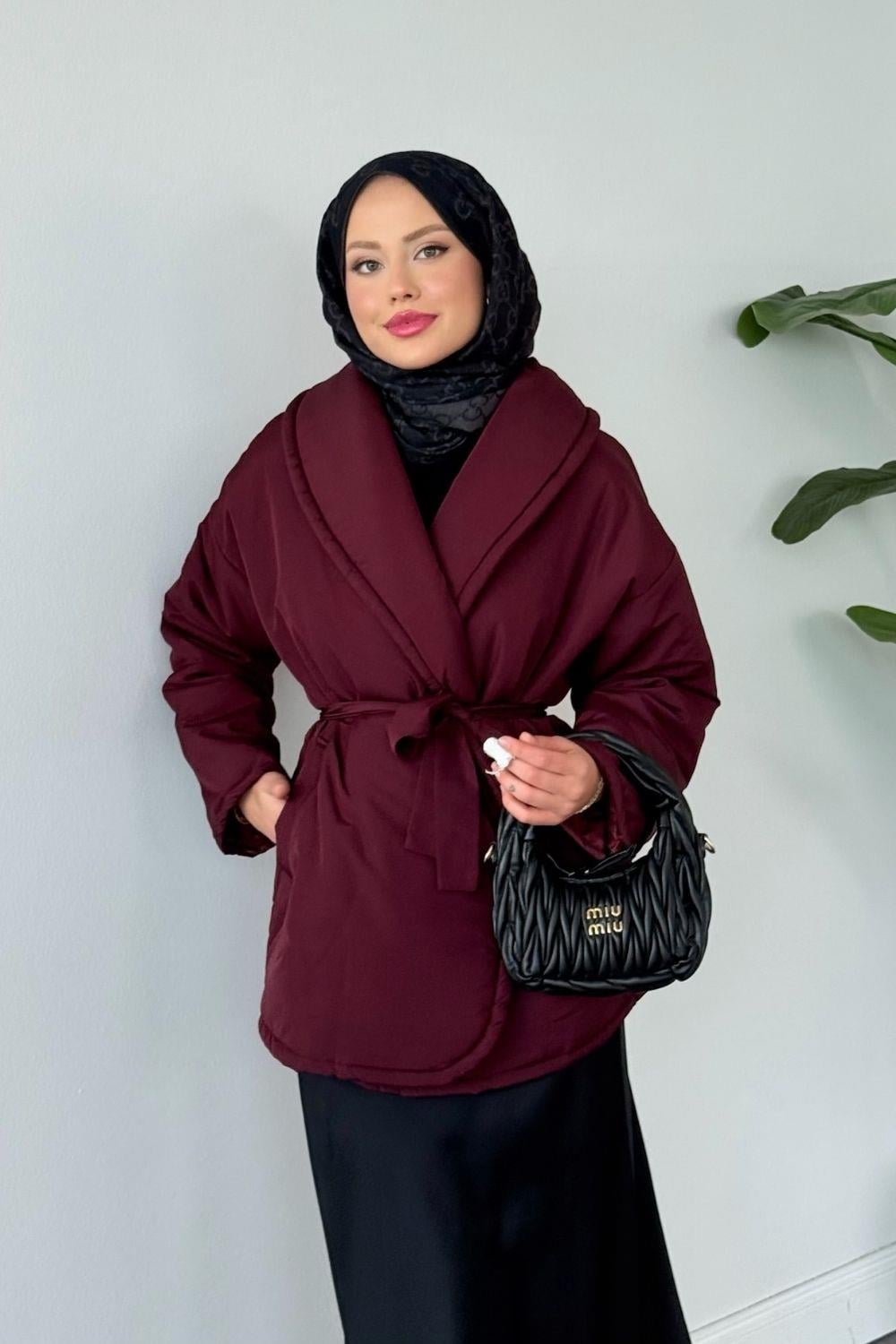Düz Kuşaklı Şişme Mont Bordo 5912 