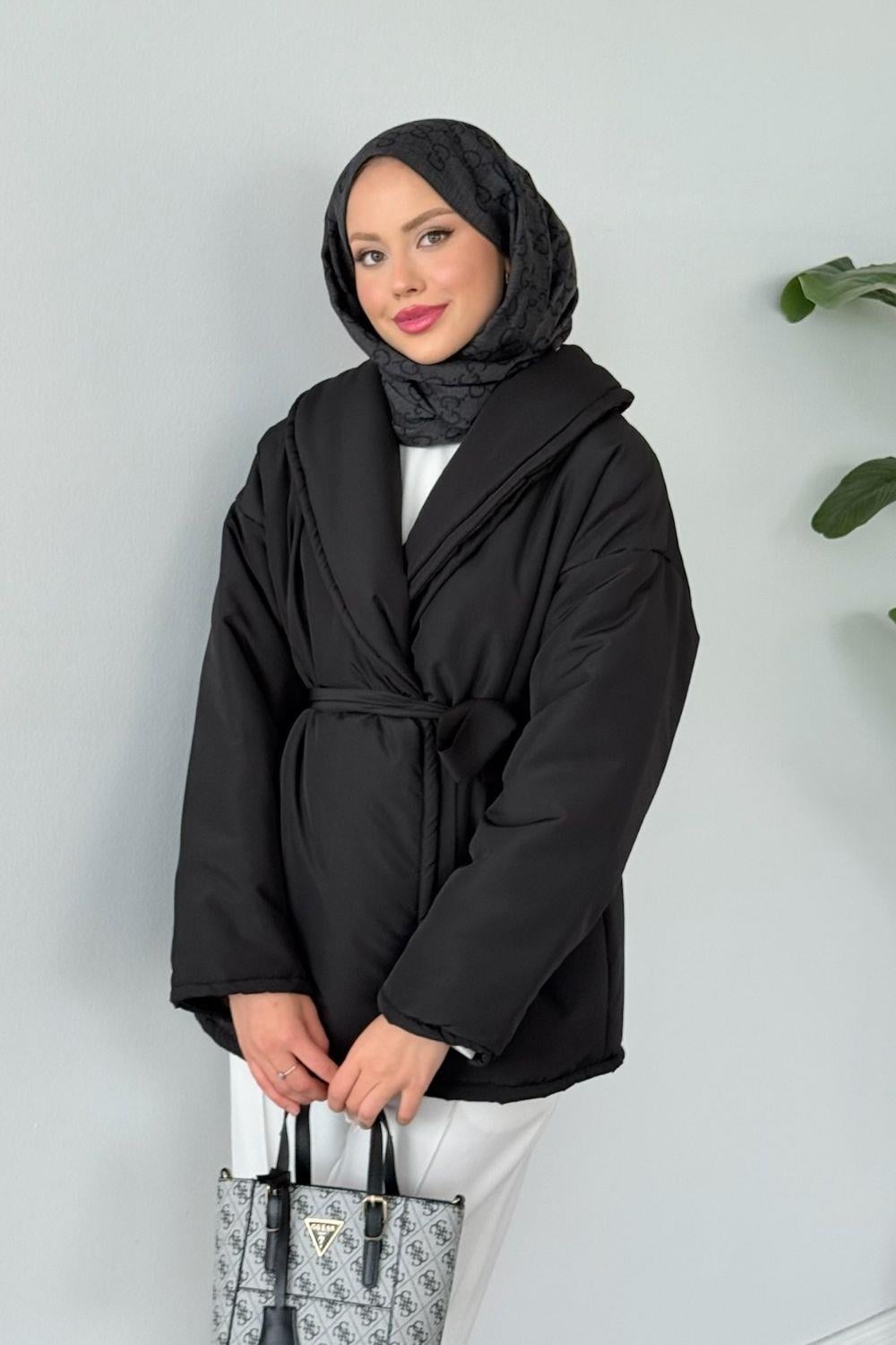 Düz Kuşaklı Şişme Mont Siyah 5912 