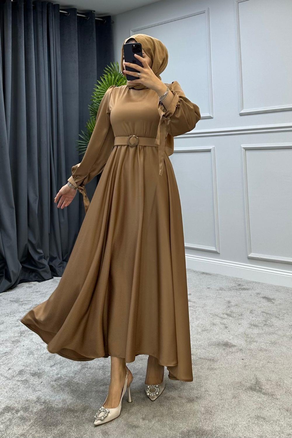 Beli Lasikli Kemerli Saten Abiye Camel 5931 