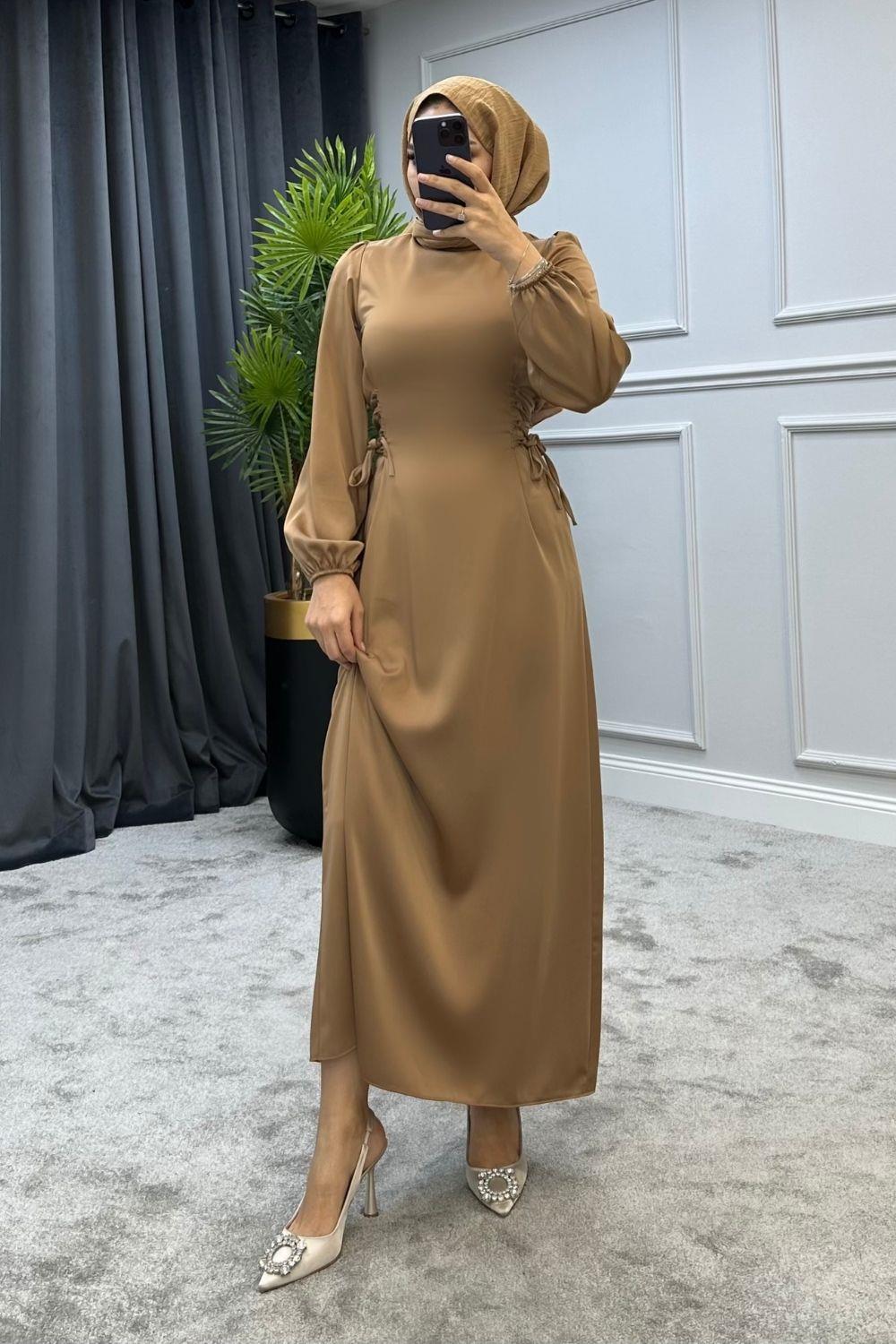 Yandan Çapraz Bağlamalı Saten Abiye Camel 5948 