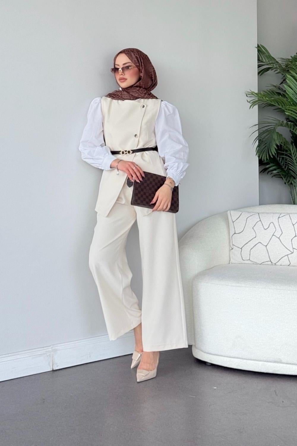 Leya  Pantalonlu  İkili Takım Ekru 60347 