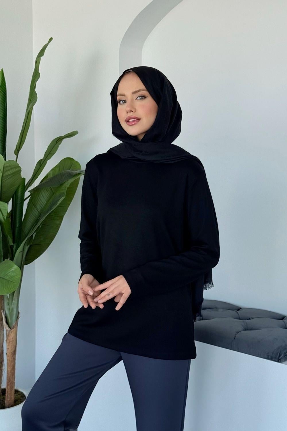 Pamuklu Uzun Kollu Sweat Siyah 6053 