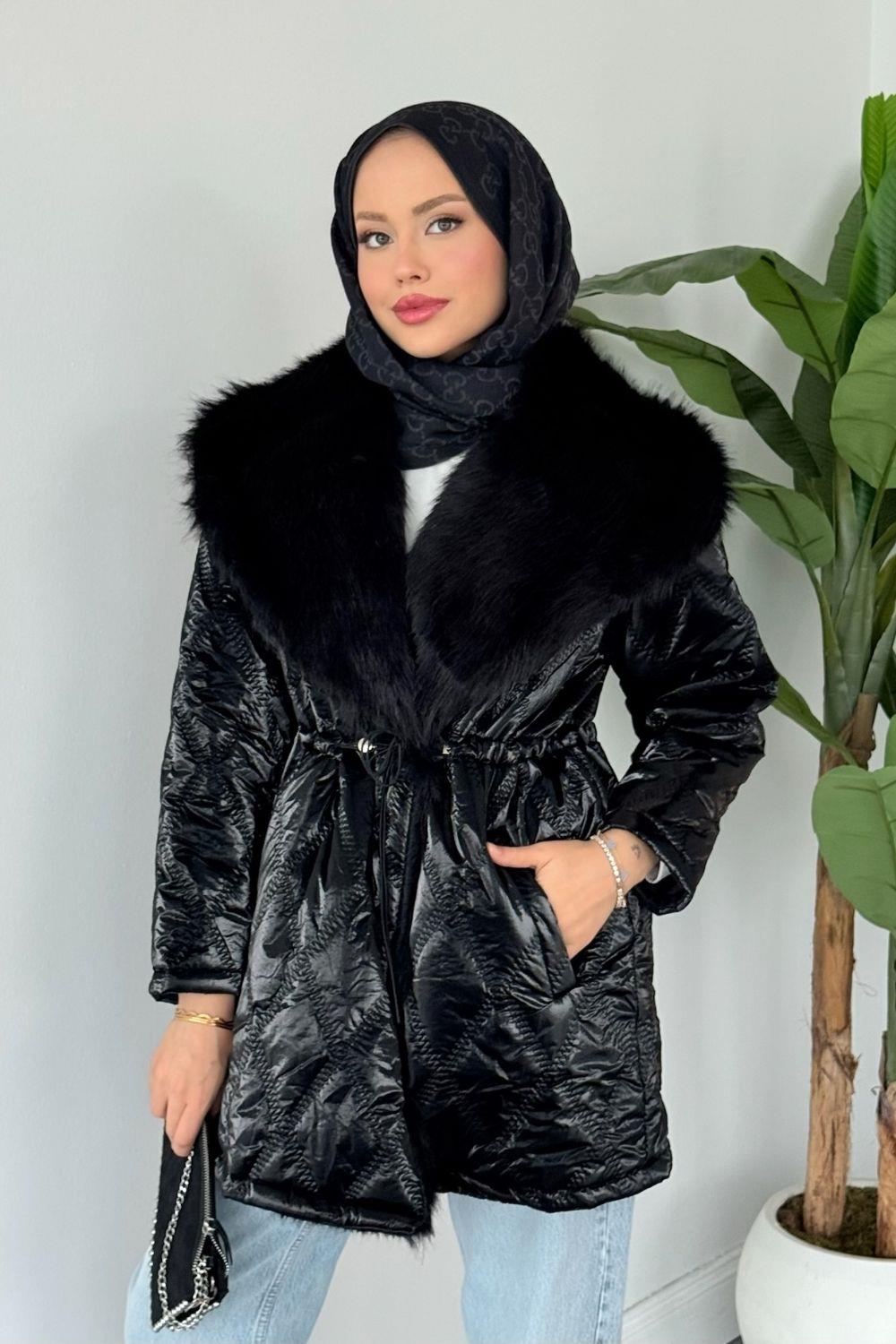 Pay Kürklü Şişme Mont Siyah 6171 