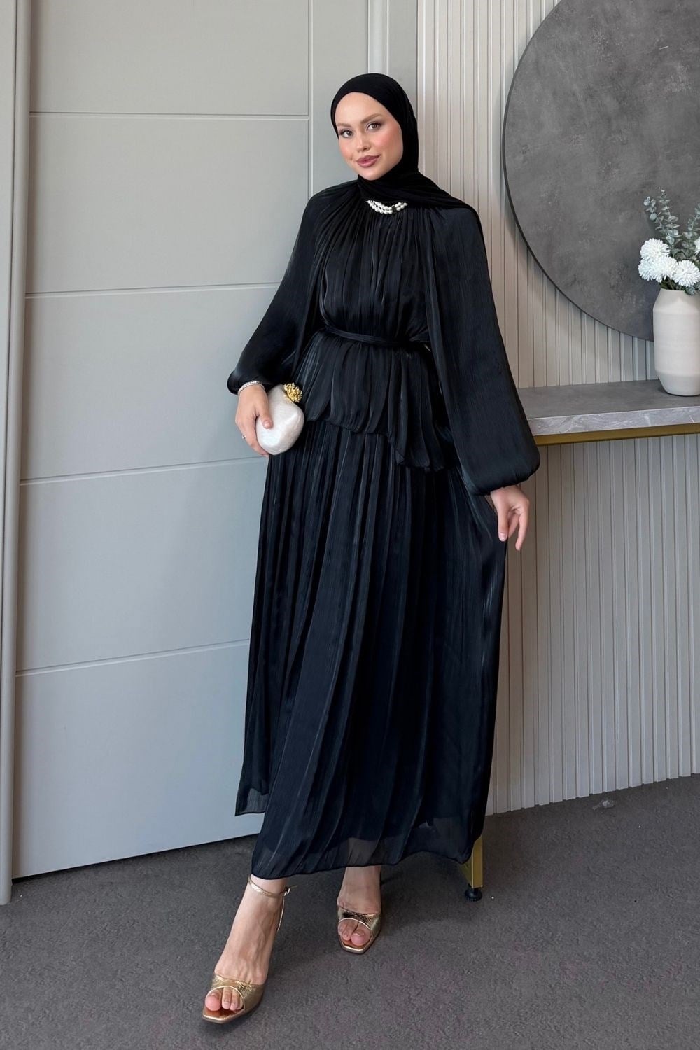 Elfida Saten Takımlı Abiye Siyah 6201 