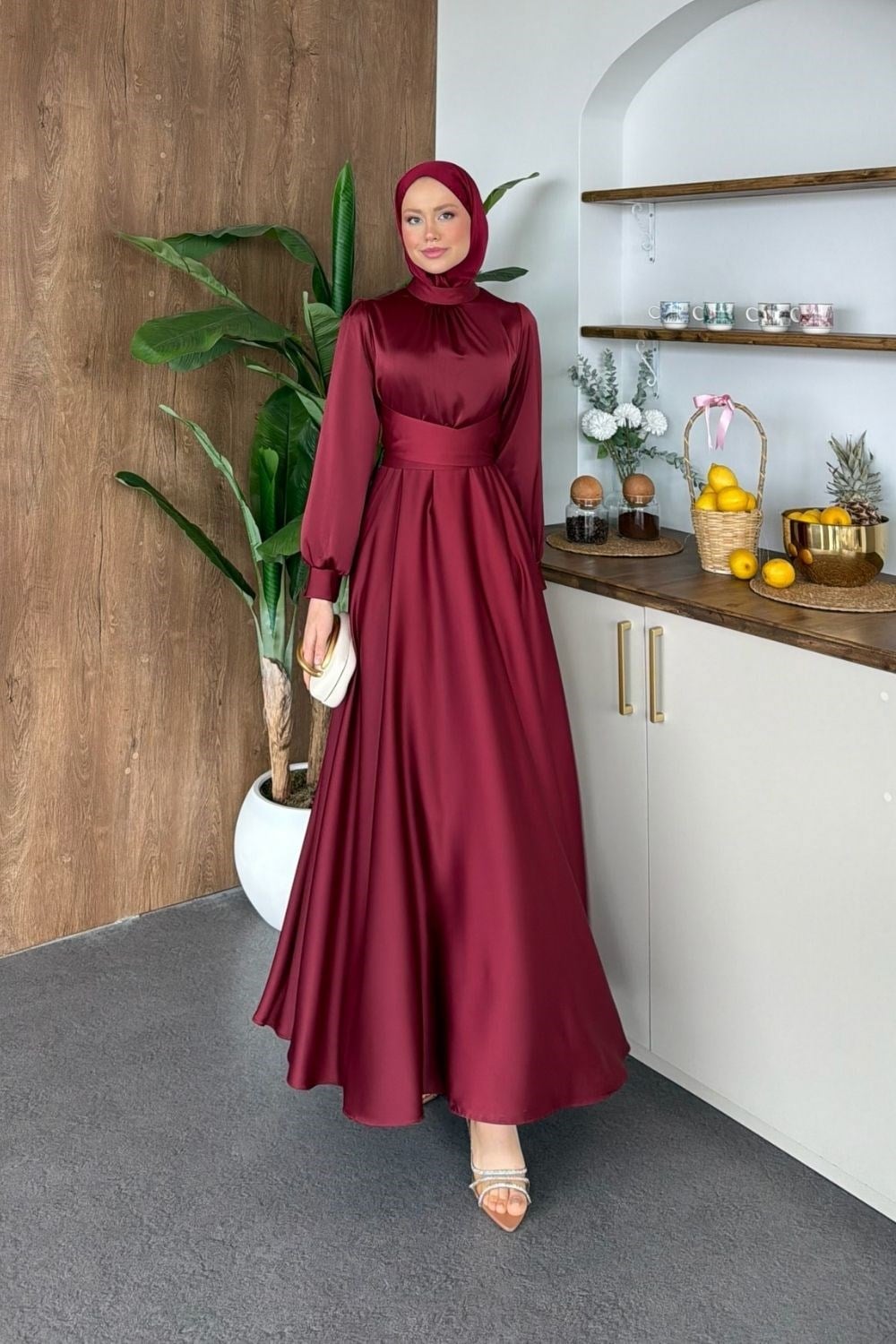 Grace Çapraz Saten Elbise Bordo 6297 