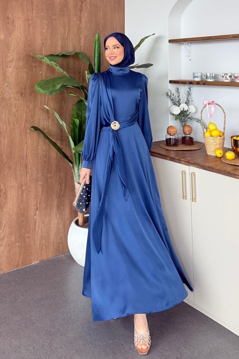 Yandan Tokalı Saten Elbise Lacivert 6298 