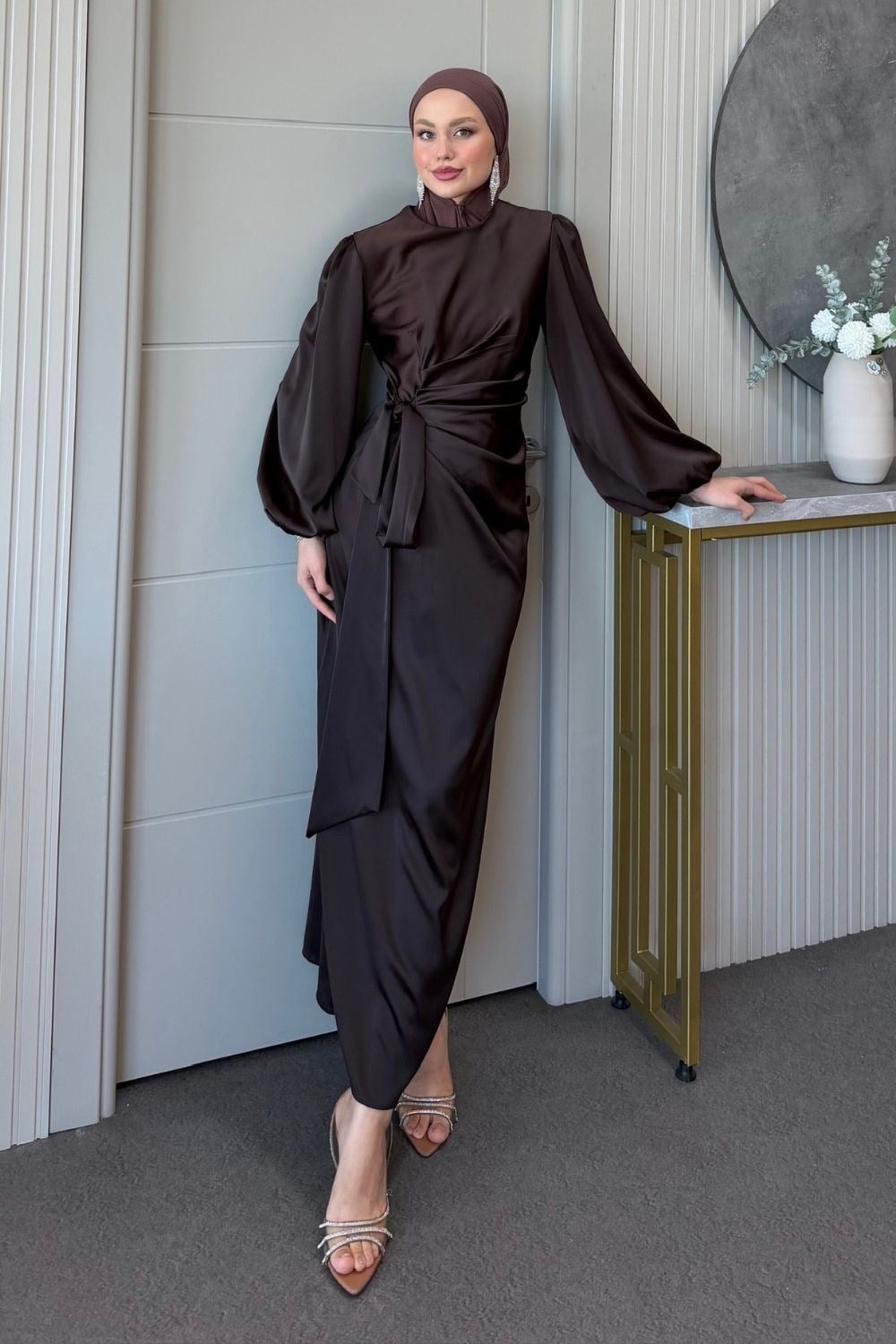 Noctira Saten Elbise Kahverengi 6301 