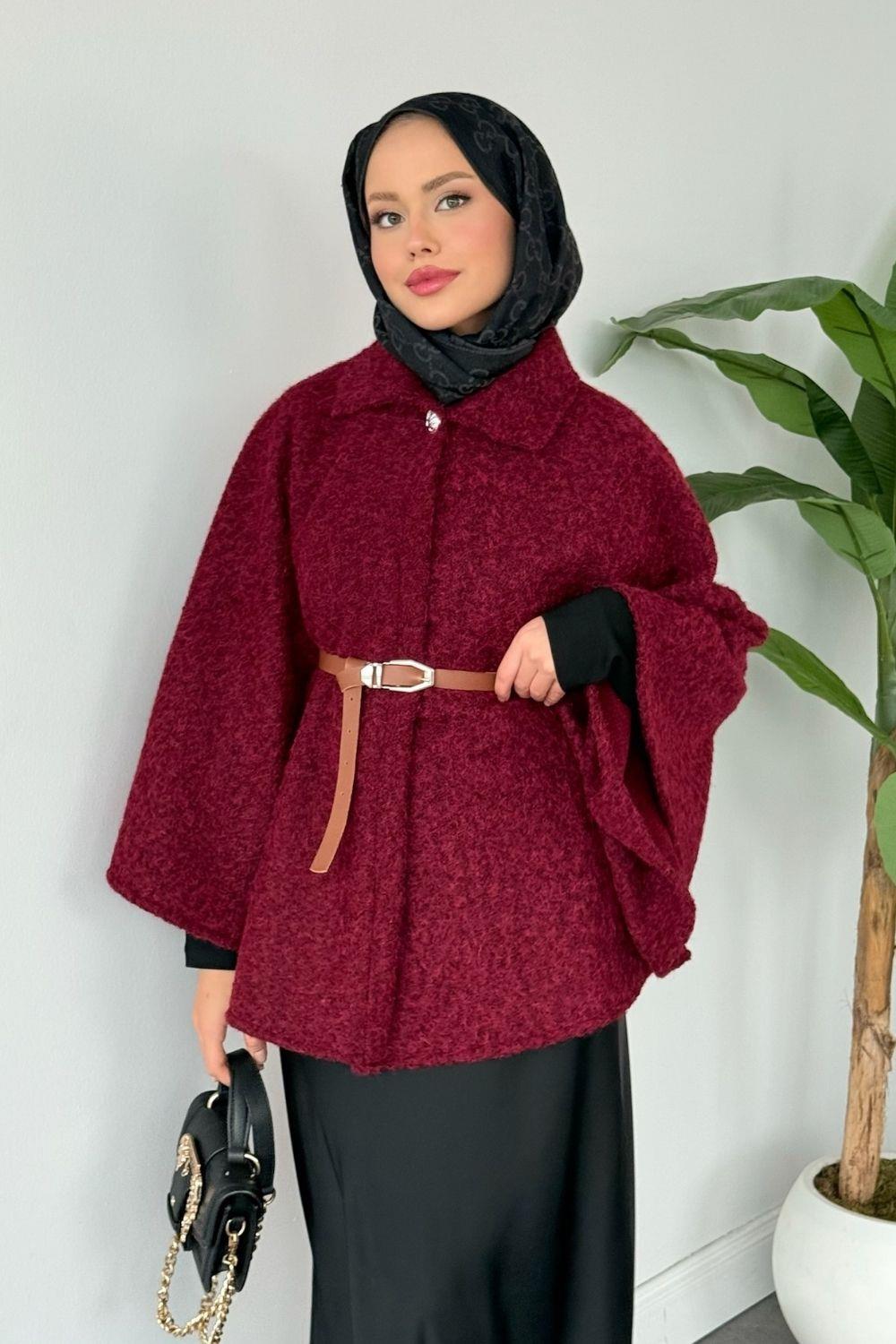 Şeyma Kemerli Pelerin Bordo 7001 