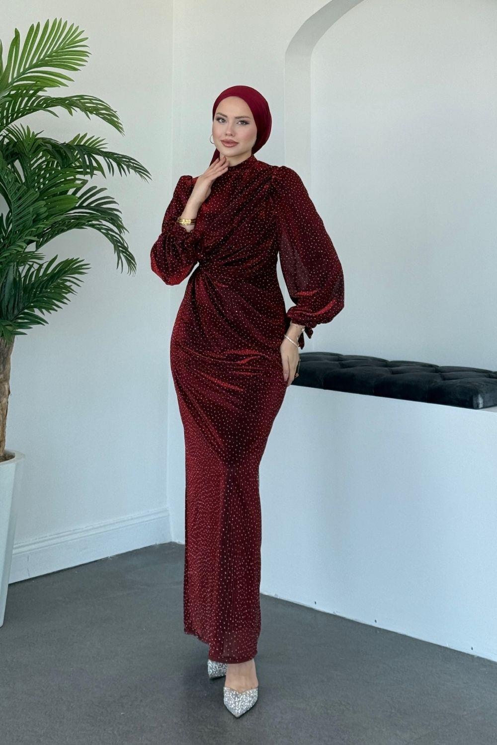 Maviş Simli Abiye Bordo 7710 