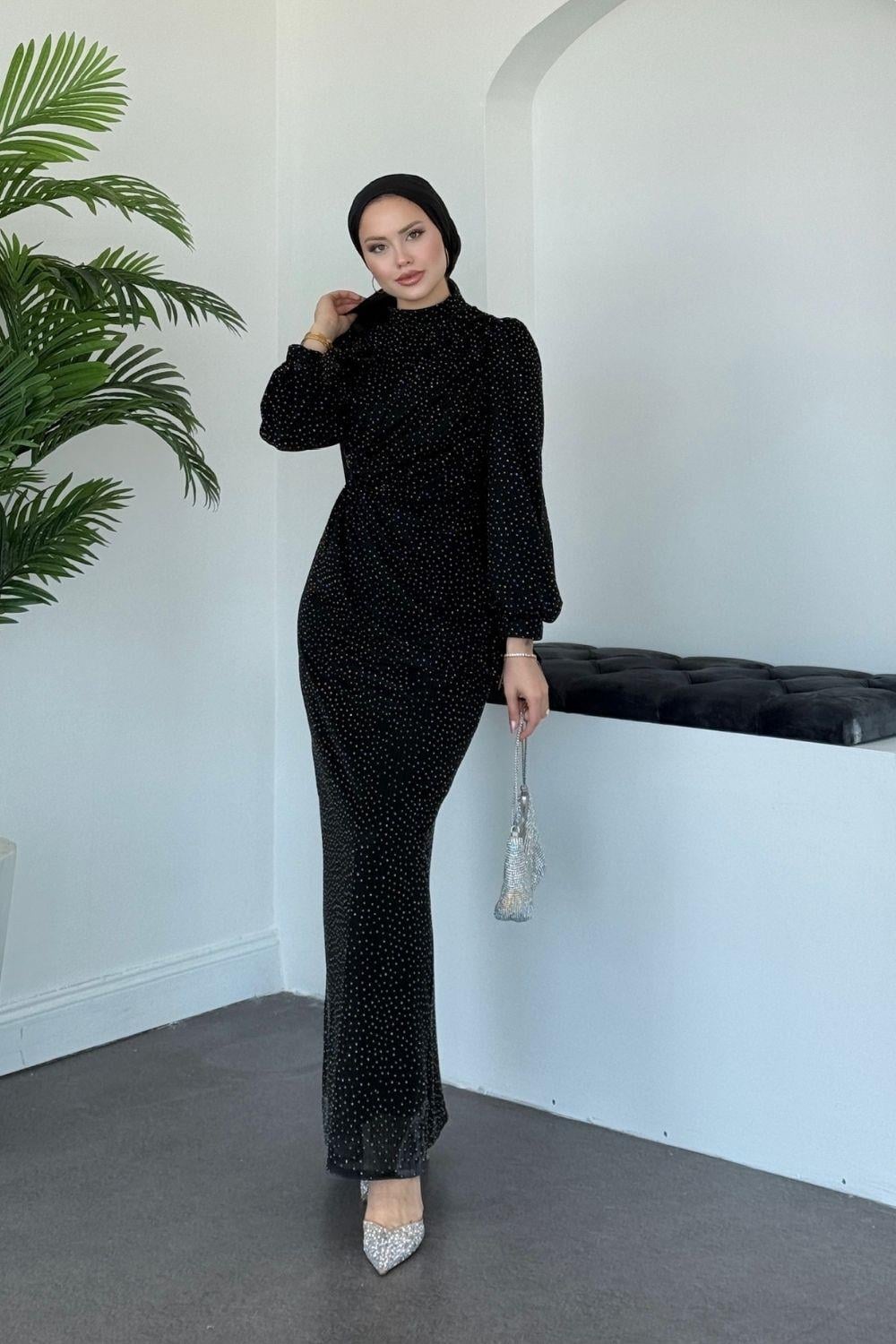 Maviş Simli Abiye Siyah 7710 