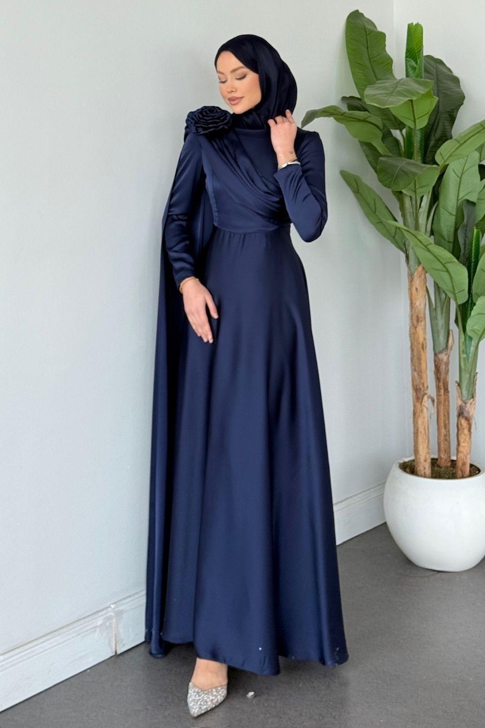 Fularlı Saten Abiye Lacivert 7951 