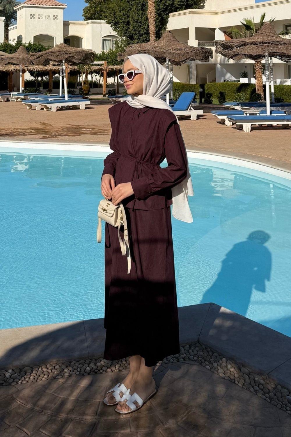 Banu Jileli Yelekli Elbise Bordo 8005 