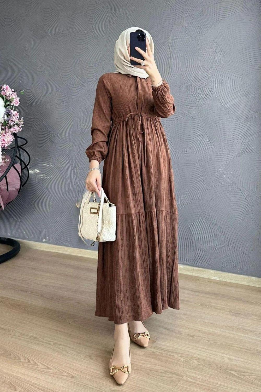 Beli Bağcıklı Gömlek Yaka Elbise Kahverengi 8051 