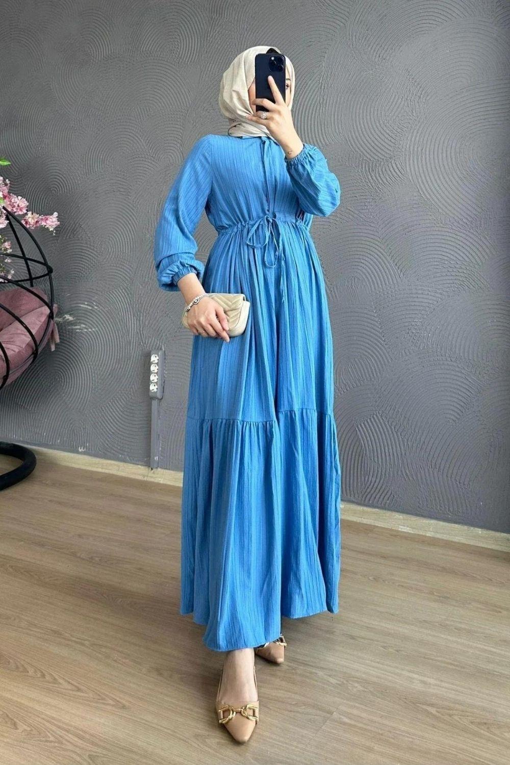Beli Bağcıklı Gömlek Yaka Elbise İndigo 8051 