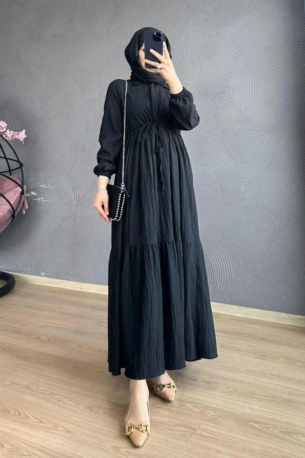 Beli Bağcıklı Gömlek Yaka Elbise Siyah 8051 