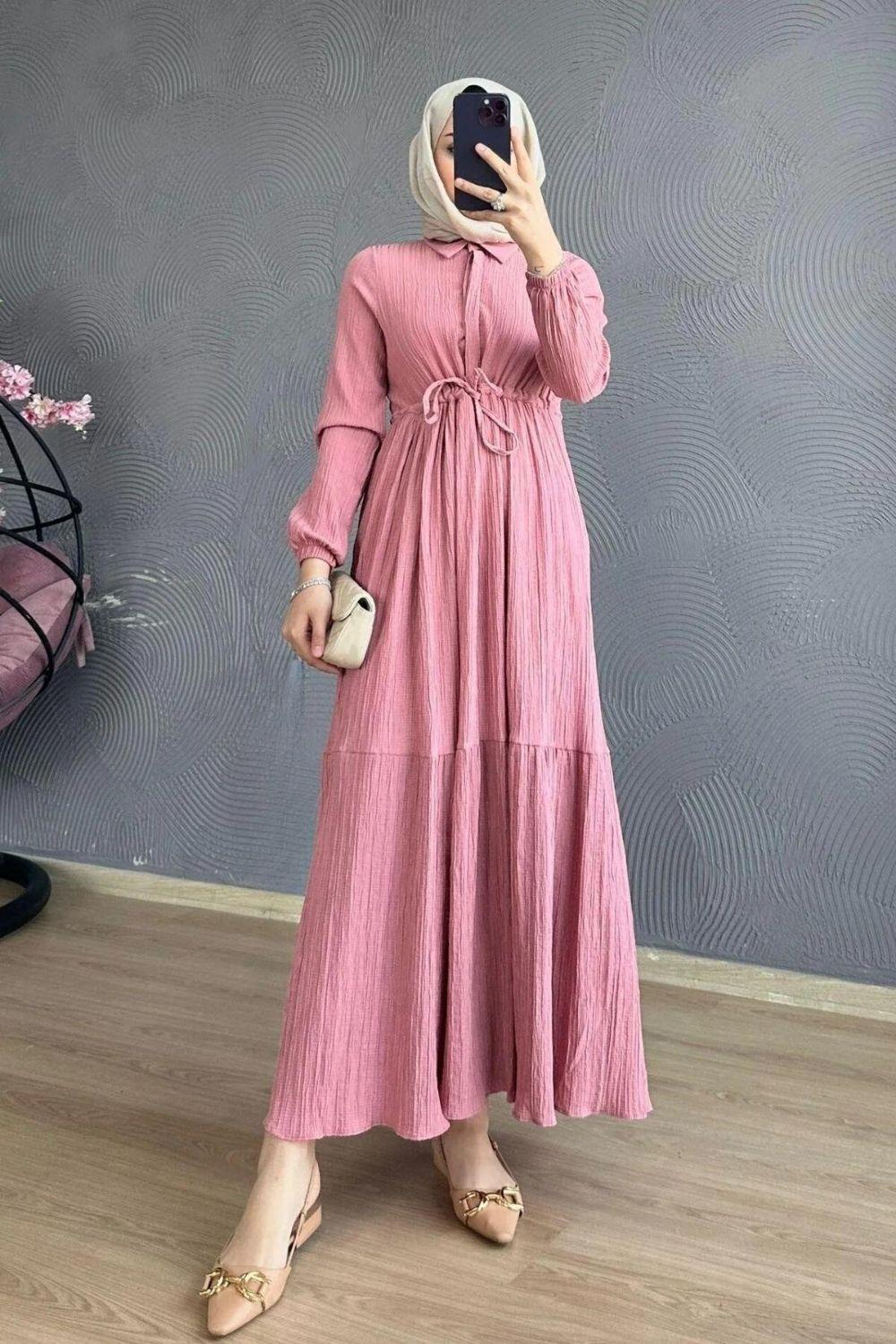 Beli Bağcıklı Gömlek Yaka Elbise Pudra 8051 