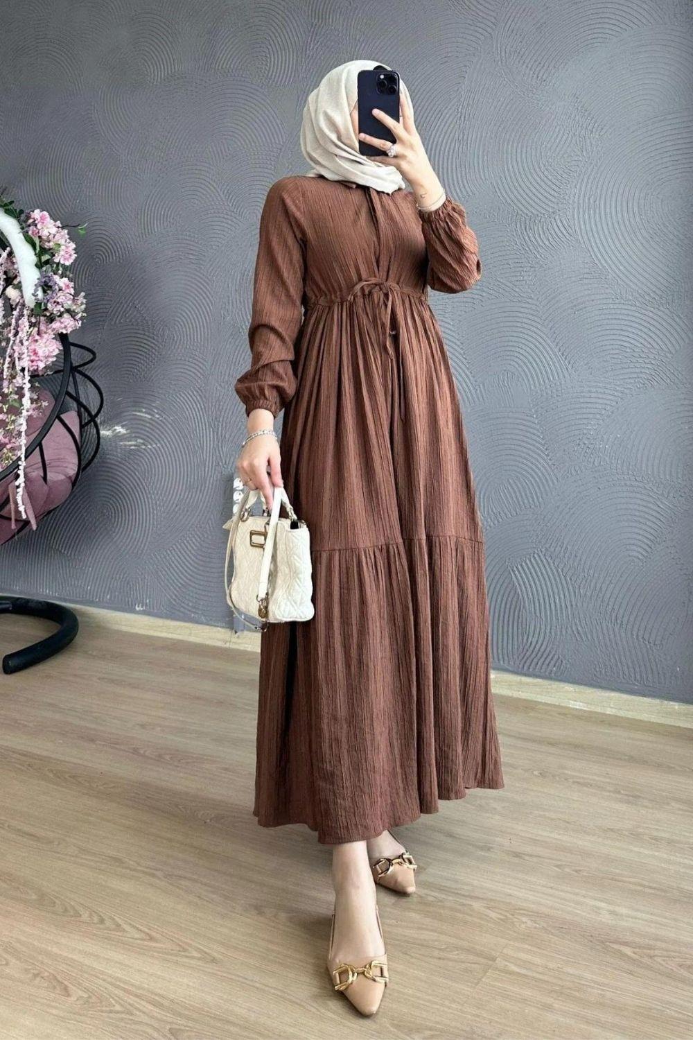 Beli Bağcıklı Gömlek Yaka Elbise Kahverengi 8051 
