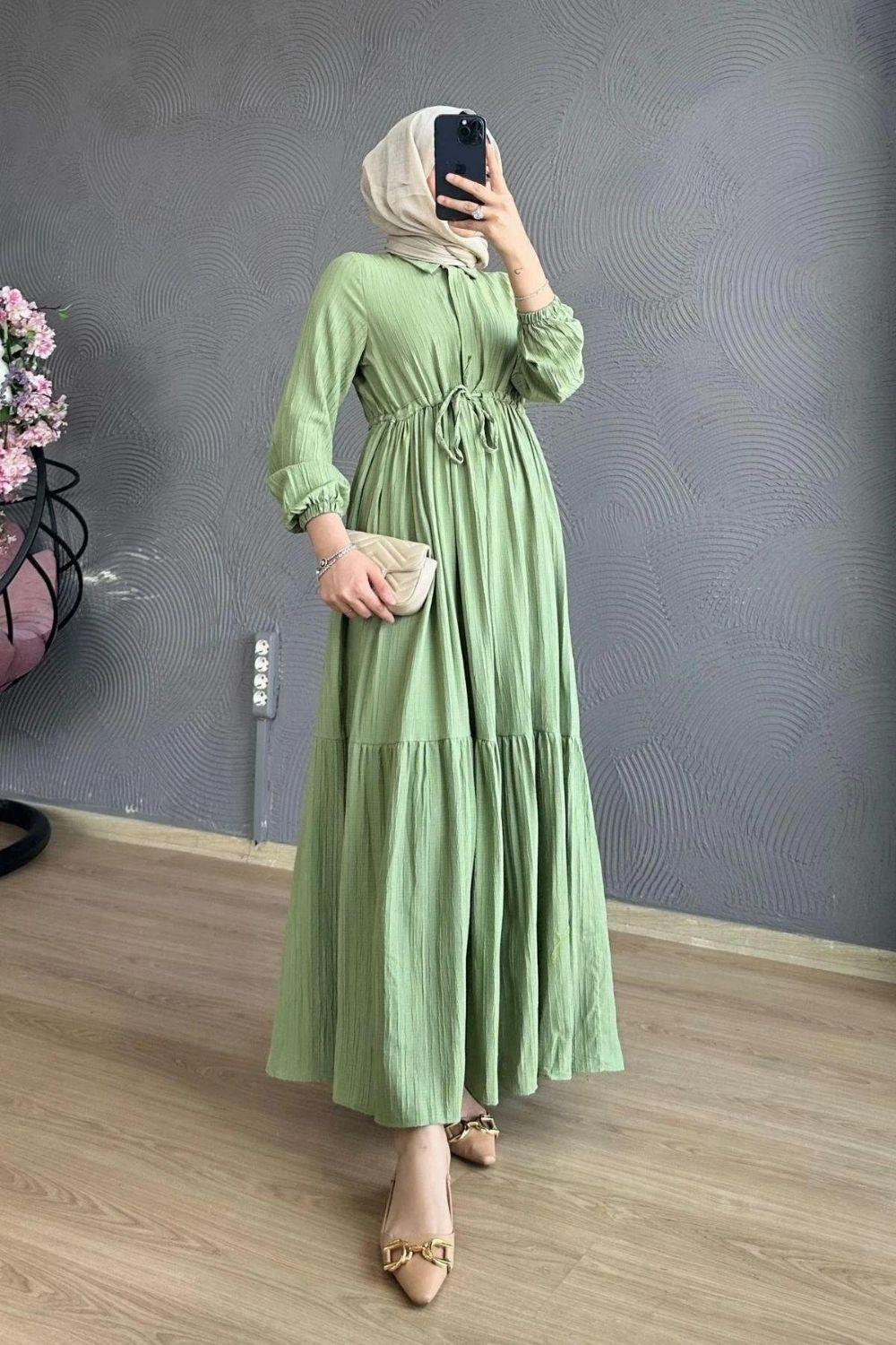 Beli Bağcıklı Gömlek Yaka Elbise Mint 8051 
