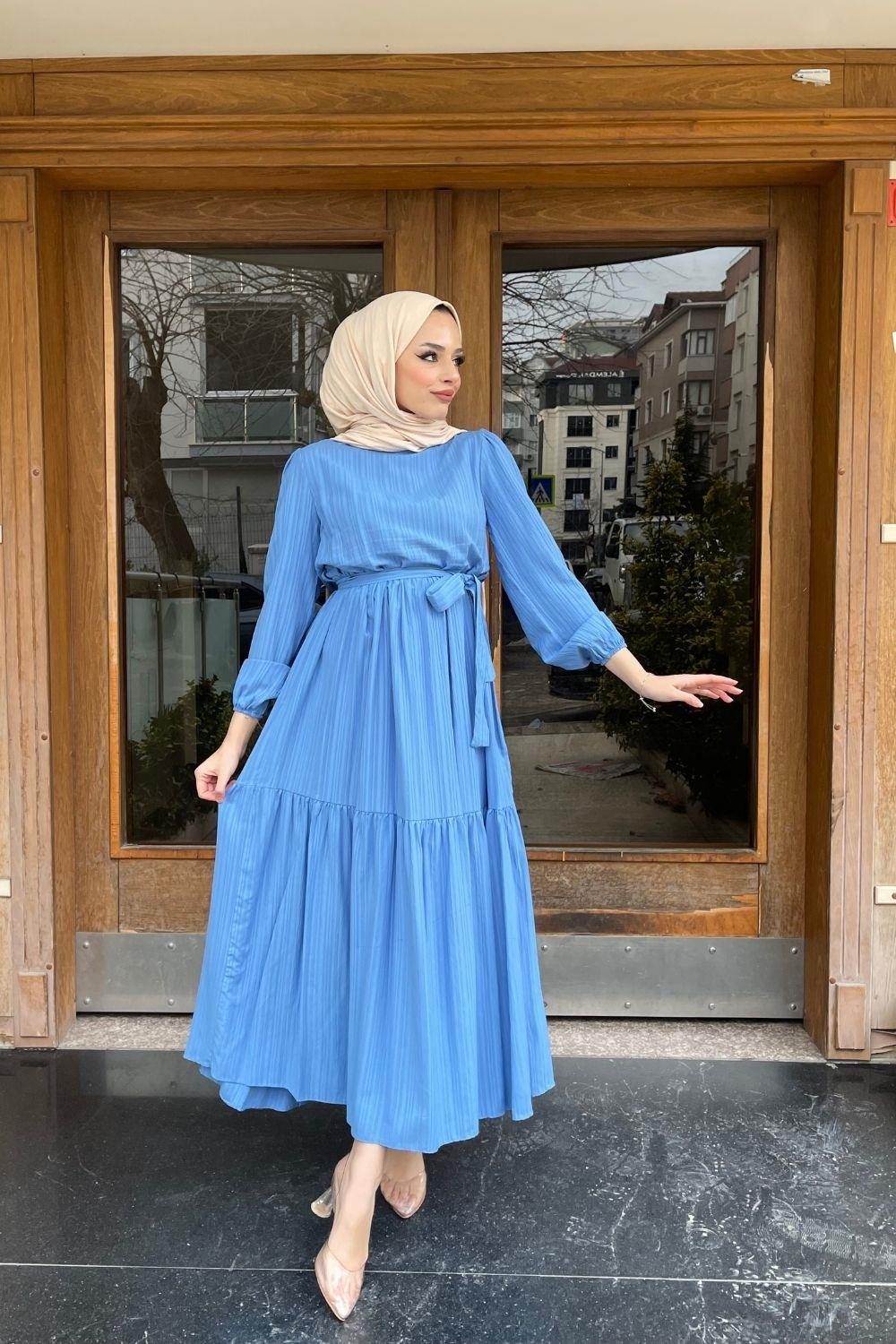 Kendinden Çizgili Maxi Elbise İndigo 8052 