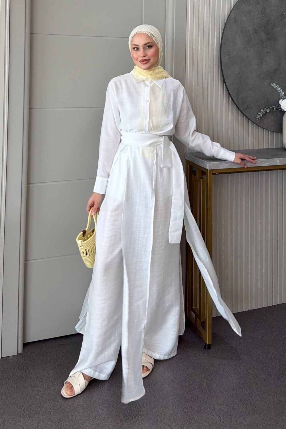 Celine Yırtmaçlı Pantolonlu Takım Beyaz 8058 