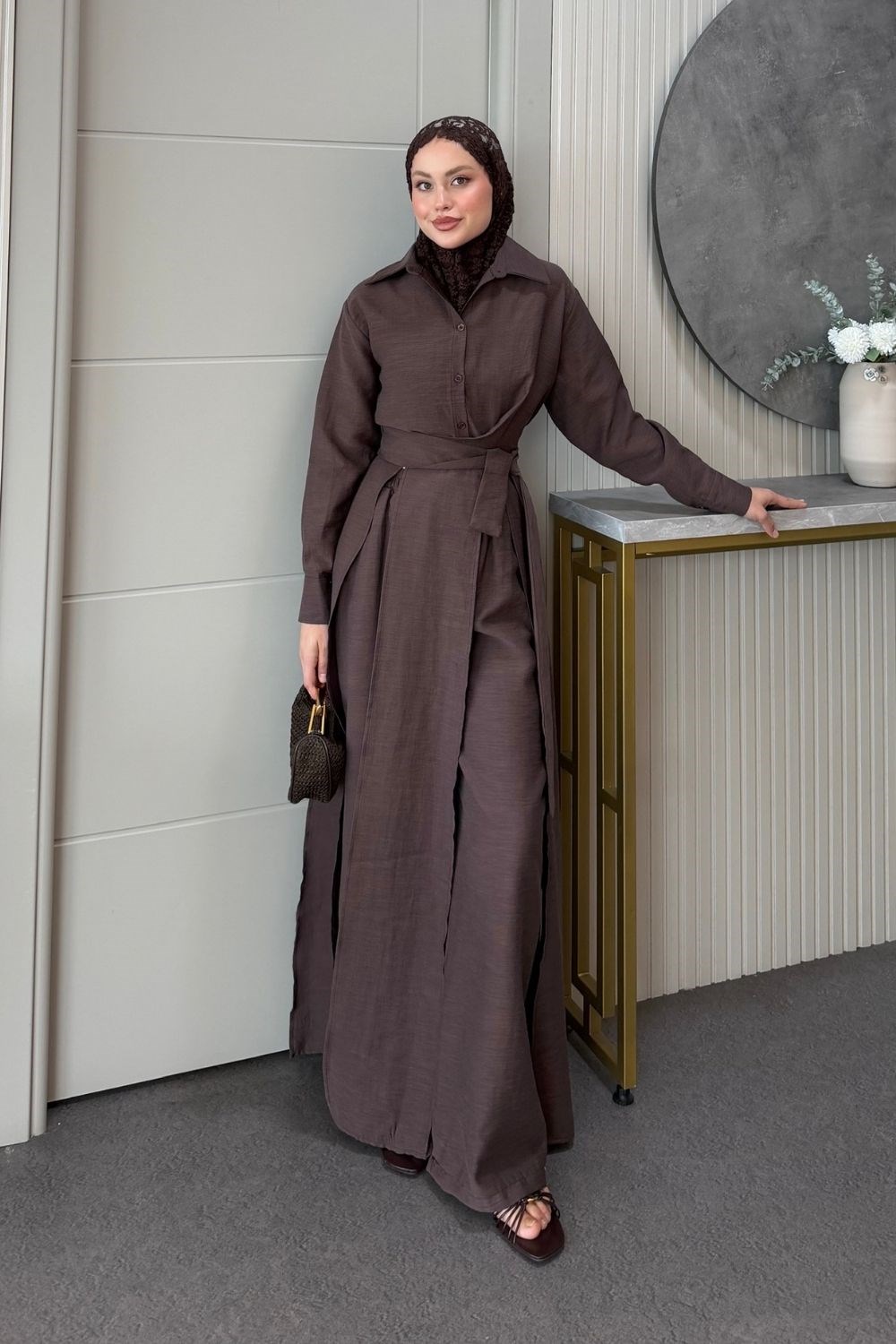Celine Yırtmaçlı Pantolonlu Takım Kahverengi 8058 