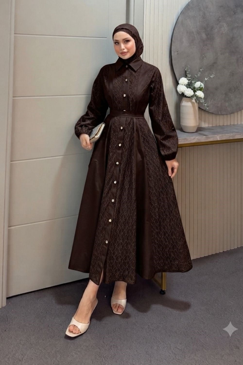 Romantik Dantel Detaylı Elbise Kahverengi 80650 