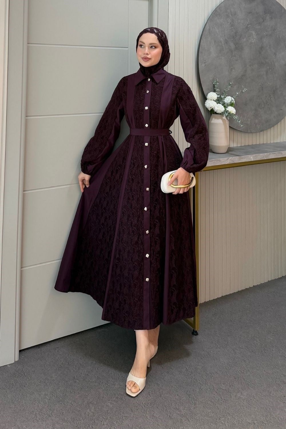 Romantik Dantel Detaylı Elbise Mürdüm 80650 