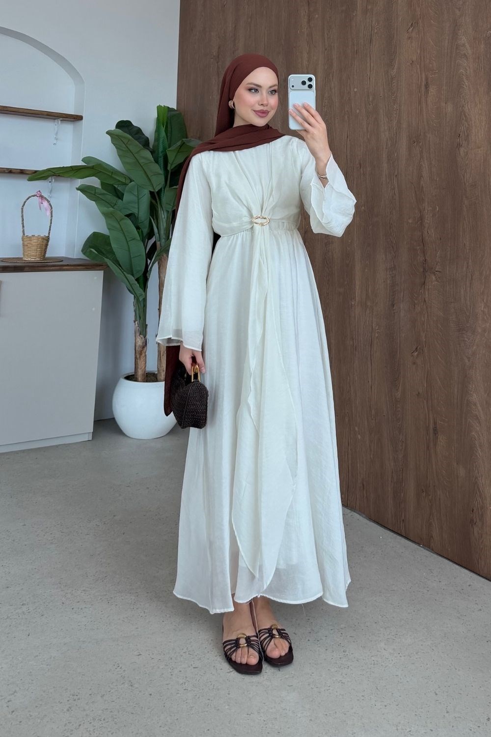 Oliva Broş Detaylı Elbise Ekru 8075 