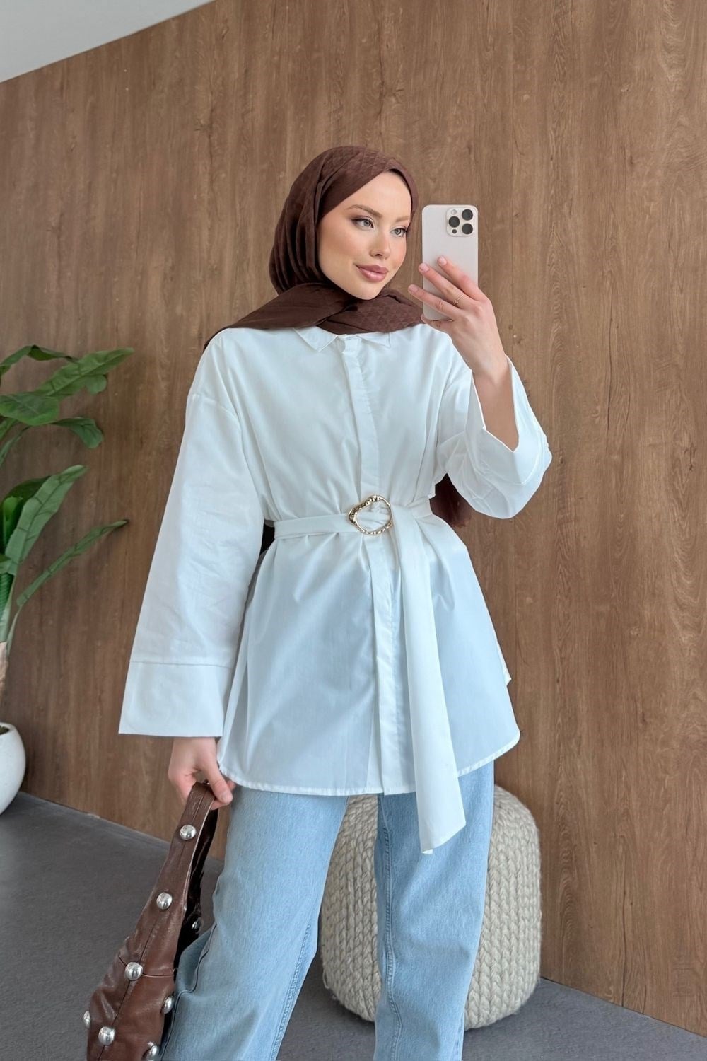 Toka Detaylı Kuşaklı Gömlek Beyaz 81250 