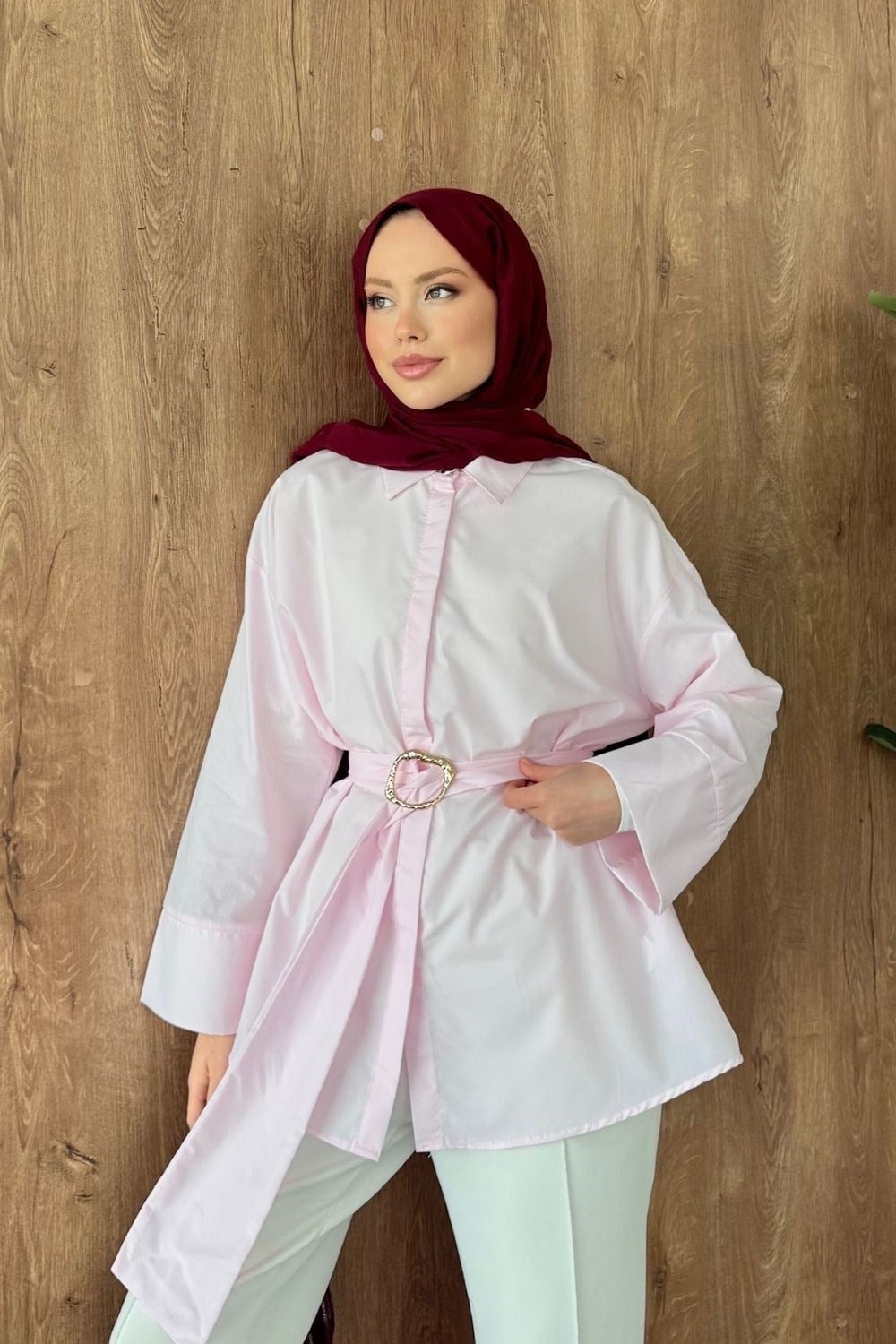 Toka Detaylı Kuşaklı Gömlek Pembe 81250 
