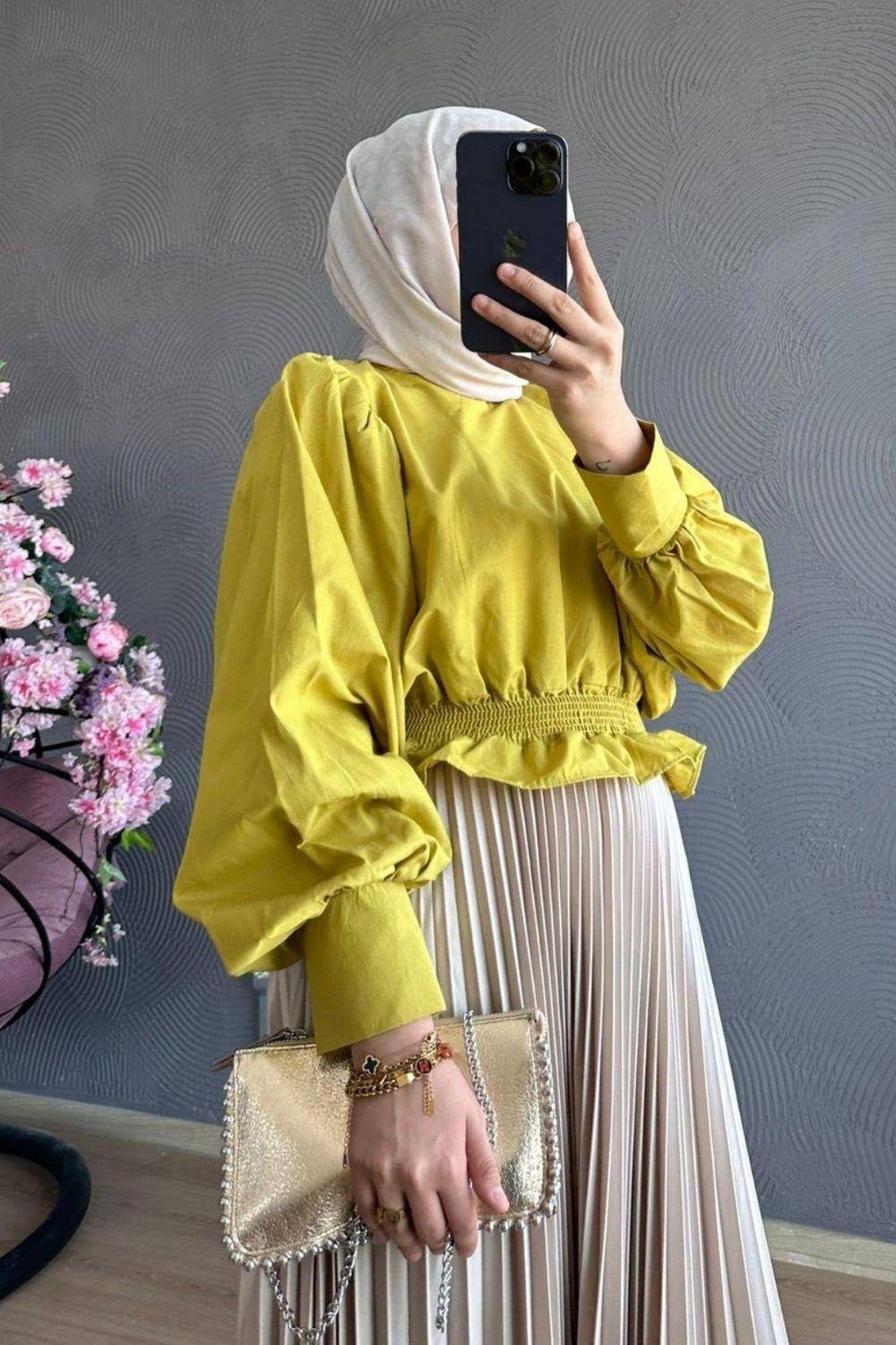 Altı Lastikli Tesettür Bluz Yağ Yeşili 8308 